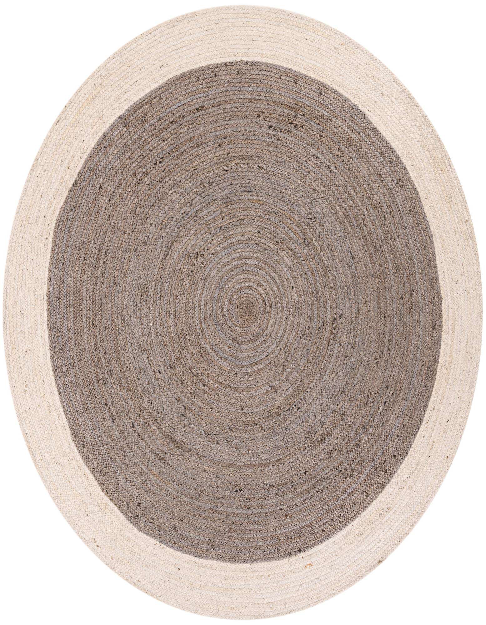 A 7' 10 round gray and white braided jute rug with a textured, flatweave pile, featuring a solid gray center and a wide white border.