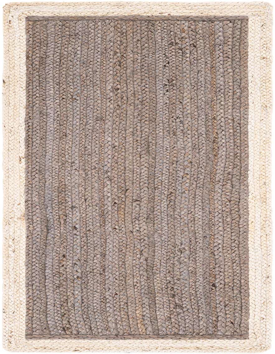 A 5 ft runner rug with a braided gray jute center and a natural white braided border, perfect for a hallway.