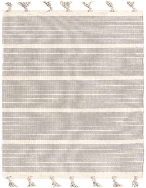 A 10 Ft runner rug in gray and white stripes with braided tassels, perfect for a hallway.