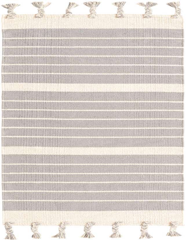 A 6 ft runner rug with a gray and white striped pattern, featuring braided tassels on both ends.