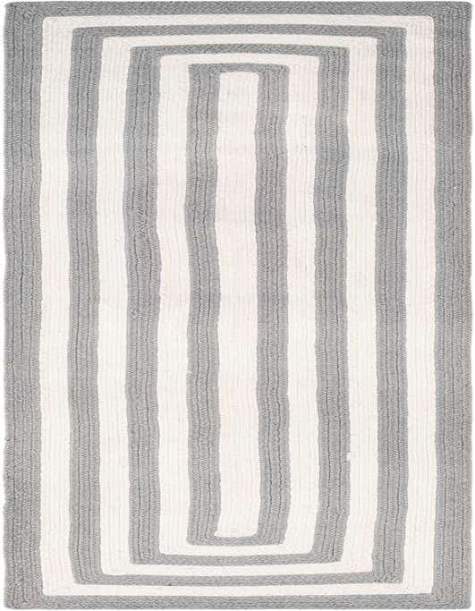 A gray and white striped runner rug with a braided texture, perfect for a hallway or patio.