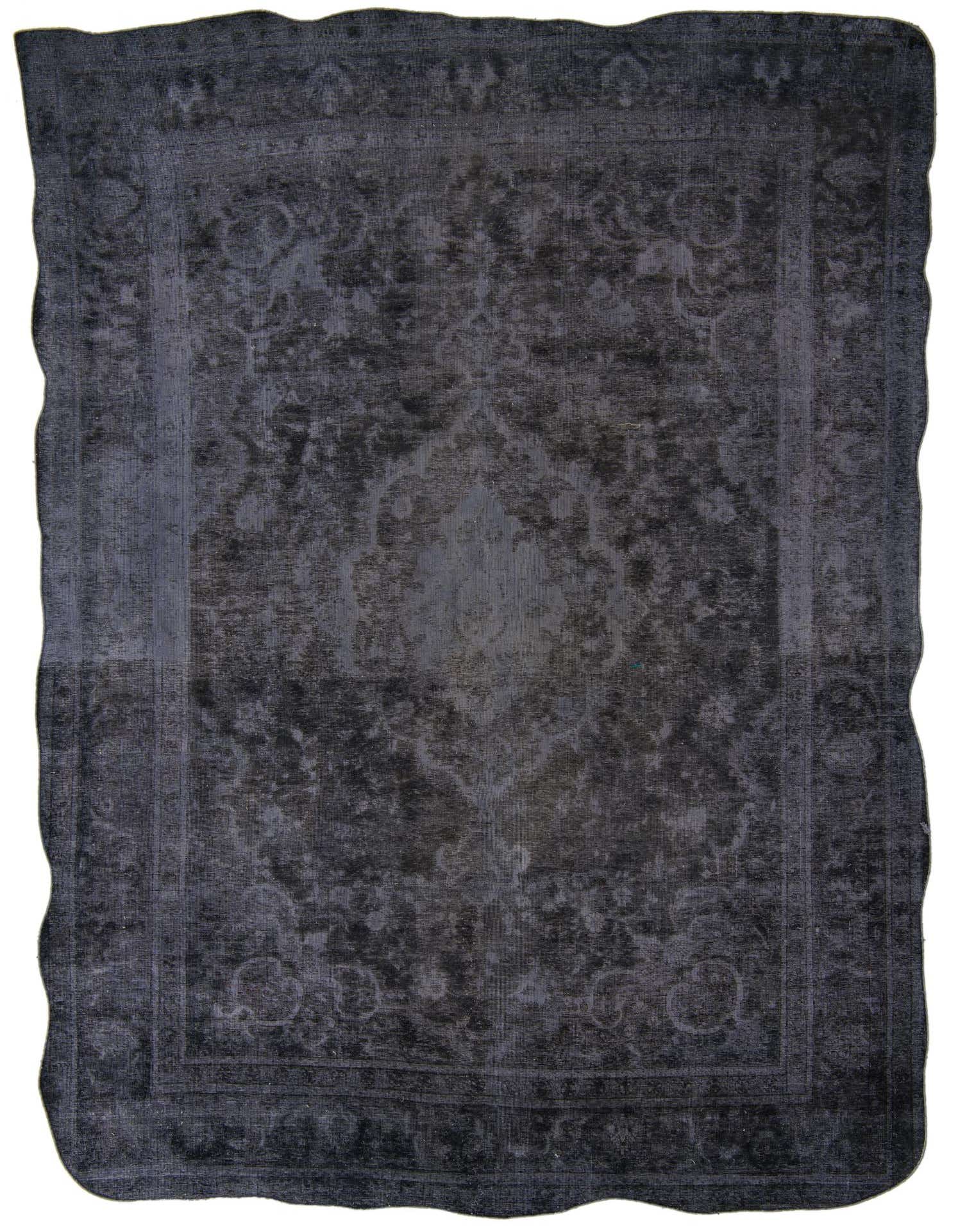 A large 9x12 rectangular black and gray vintage Persian wool rug with an abstract, distressed pattern.