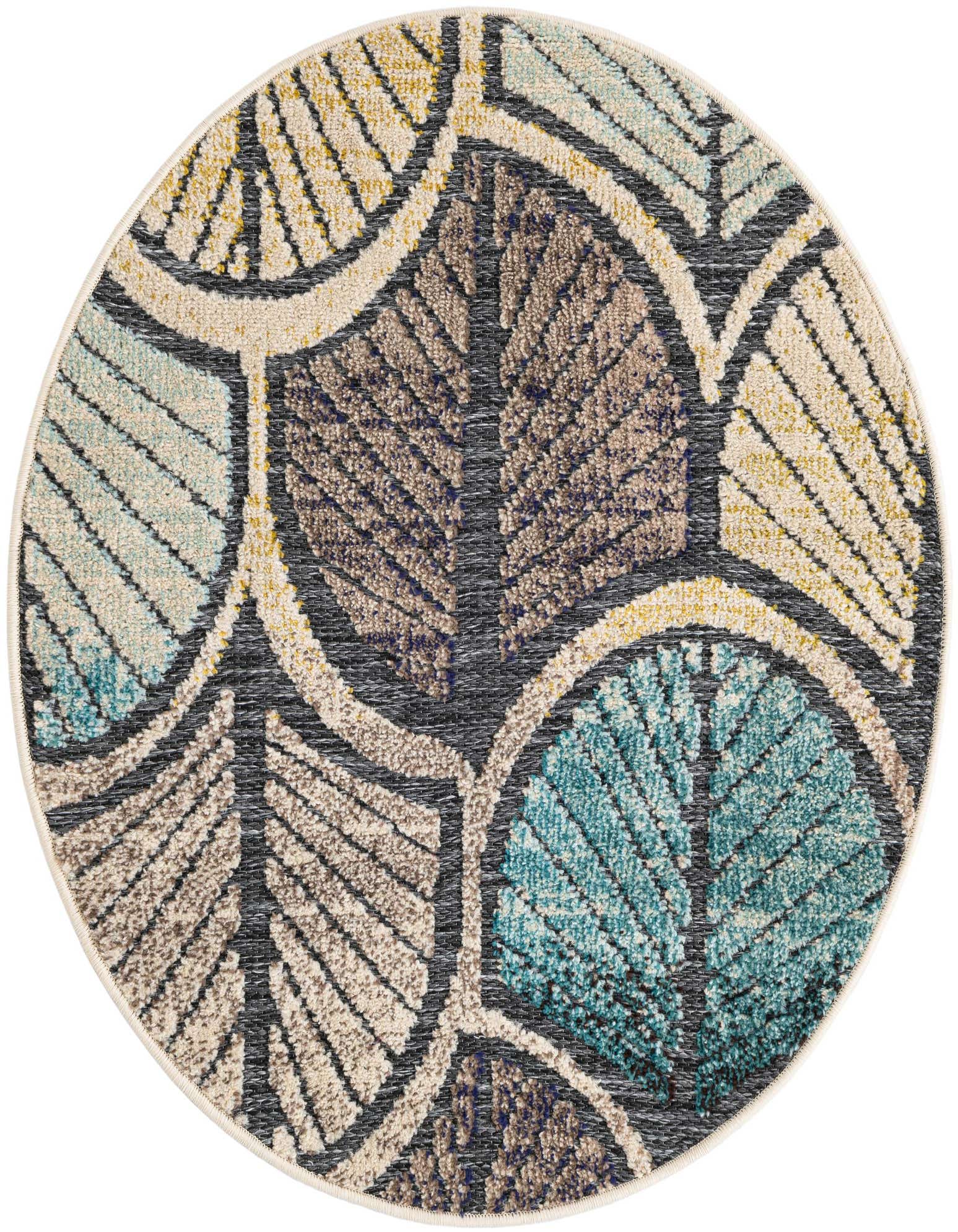 A round gray, blue, and ivory rug with a modern leaf-like pattern, suitable for indoor or outdoor use.