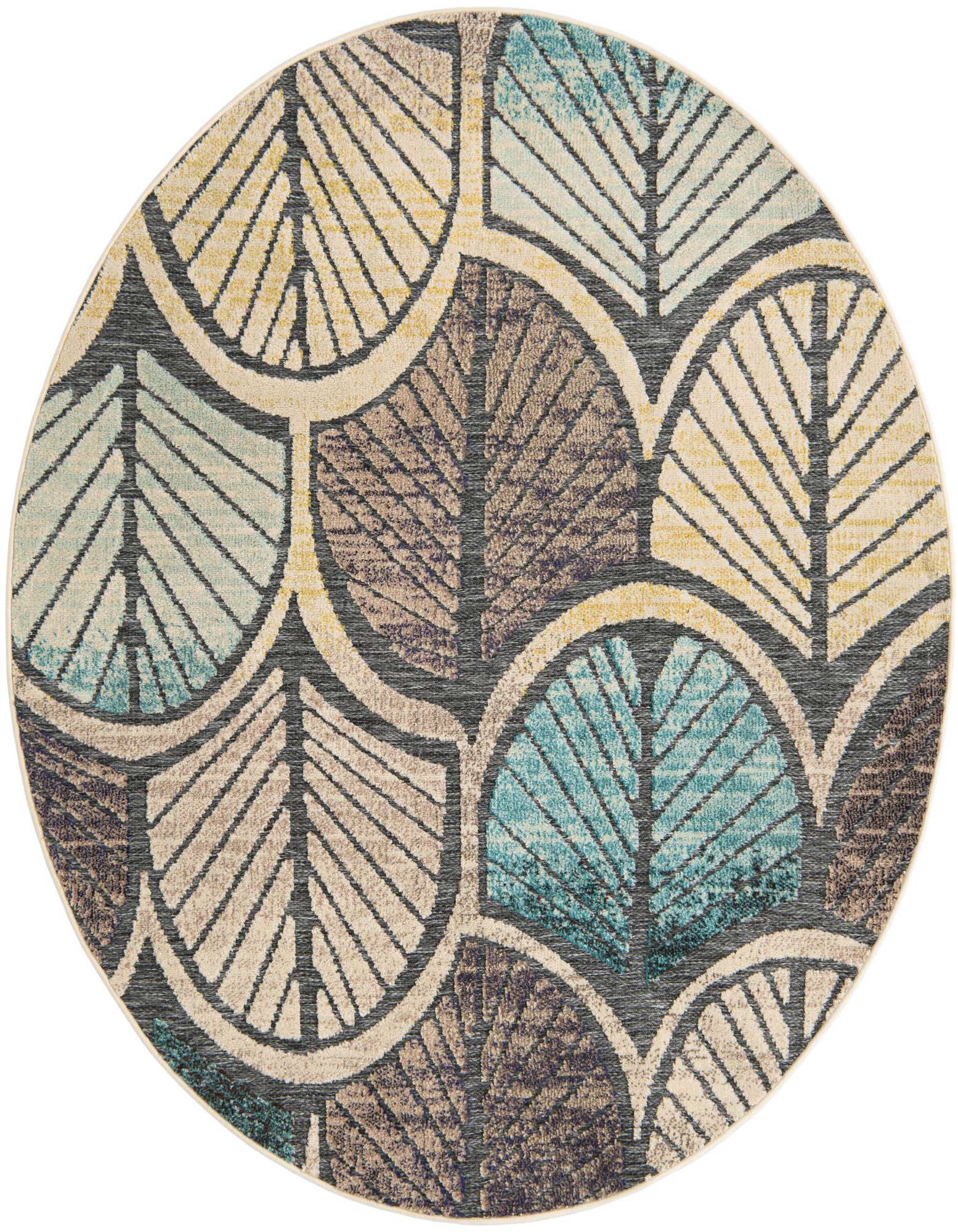 A round Rugs.com Outdoor Casablanca rug featuring a modern leaf pattern in gray, blue, and ivory.