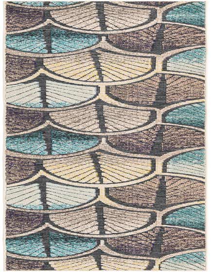 A 12 ft runner rug with a modern gray, blue, and ivory geometric leaf pattern, suitable for a hallway or patio.