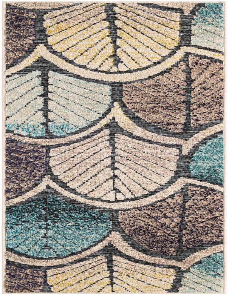 A 5 ft runner rug with a modern leaf pattern in gray, blue, and ivory, suitable for a hallway or patio.
