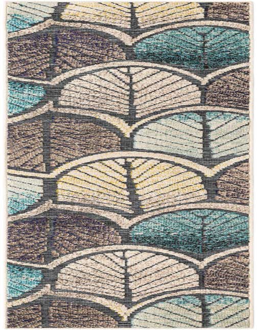 A gray, blue, and ivory modern runner rug with a textured leaf-like pattern, suitable for hallways or patios.