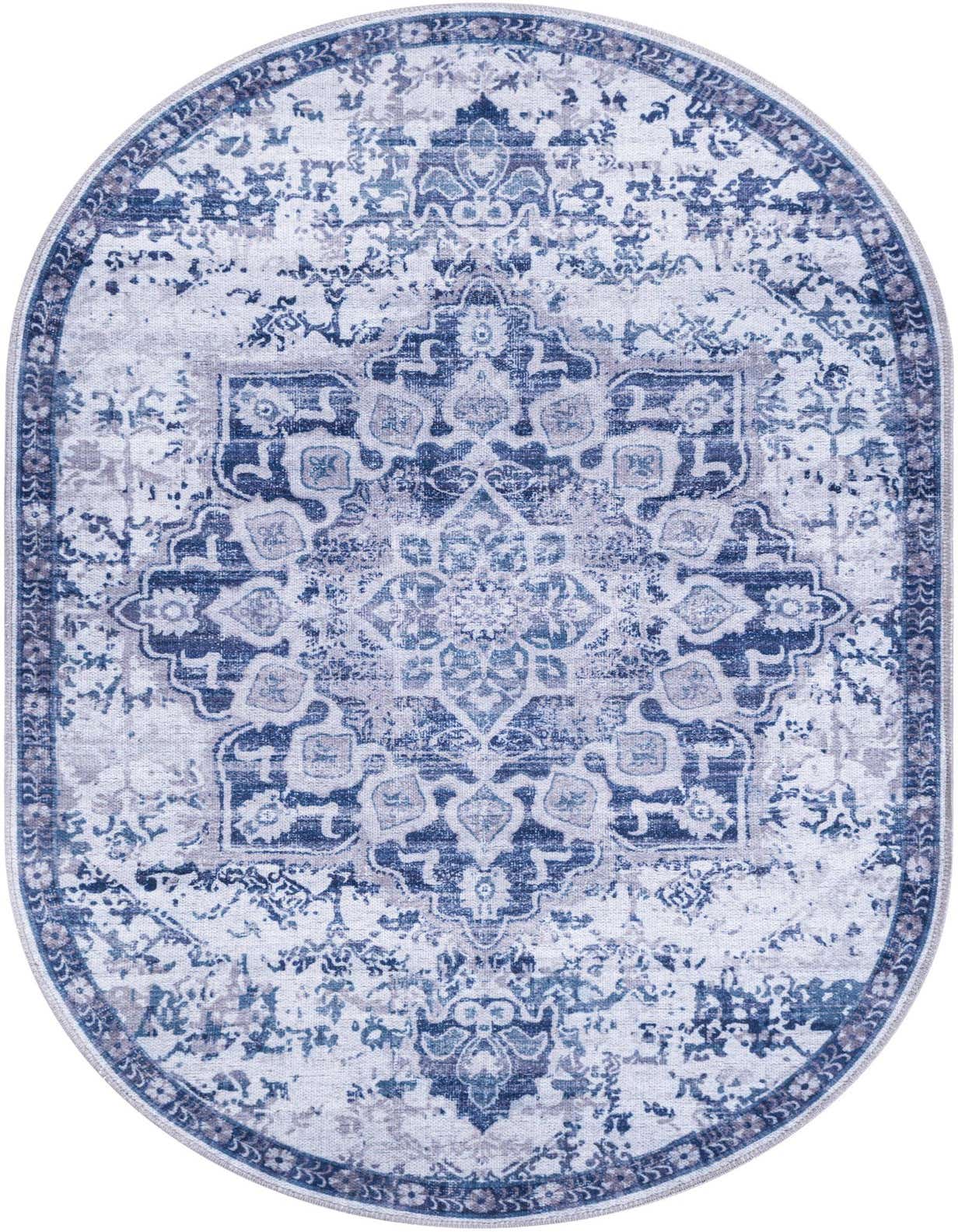 An oval 3' 3 x 5' 3 Francesca rug featuring a distressed blue and gray traditional medallion pattern.