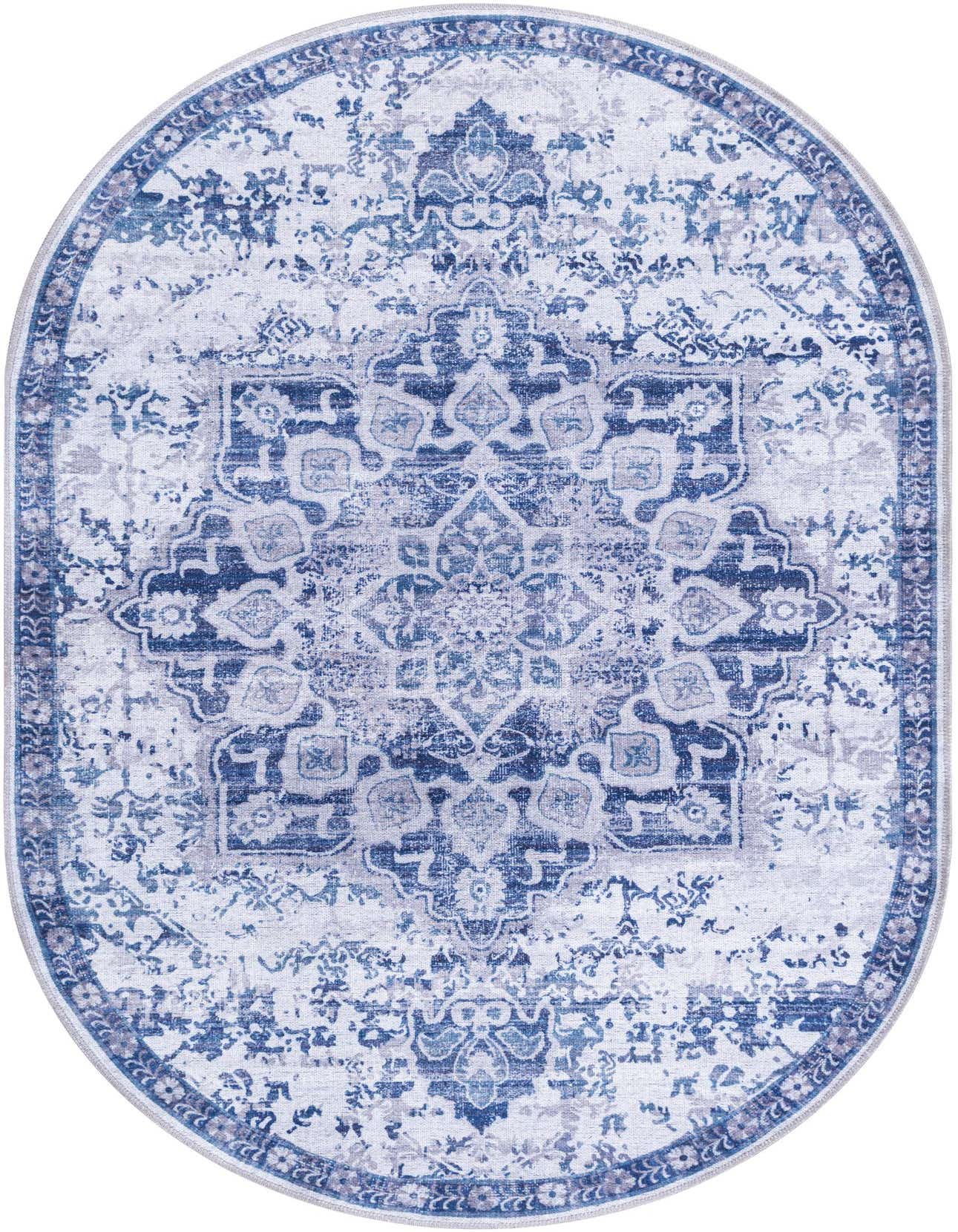 An oval 4'x6' Francesca rug from Rugs.com, featuring a faded blue and gray traditional medallion pattern with a decorative border.