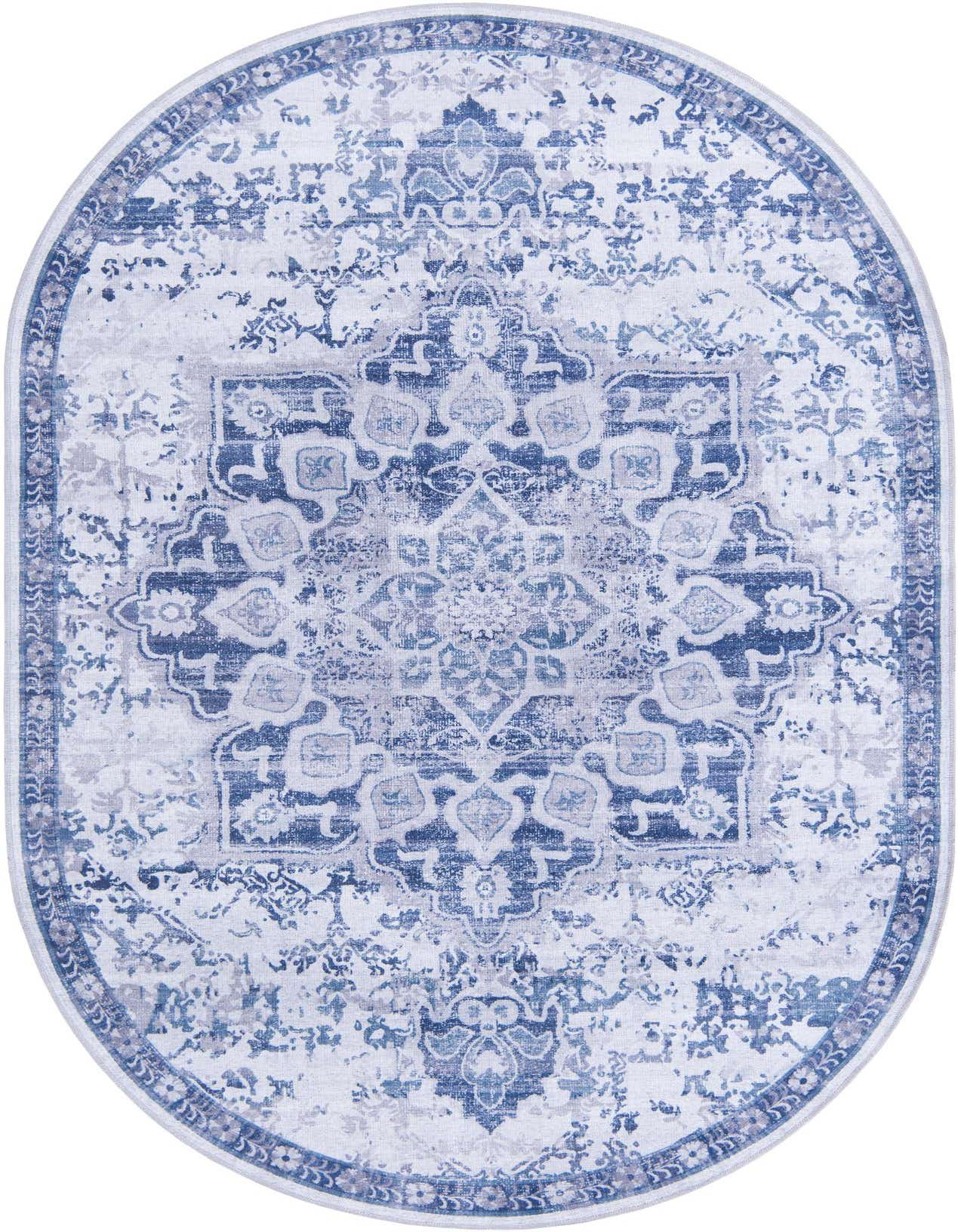 An oval 6' x 9' Rugs.com Francesca rug featuring a distressed blue and gray traditional medallion pattern.