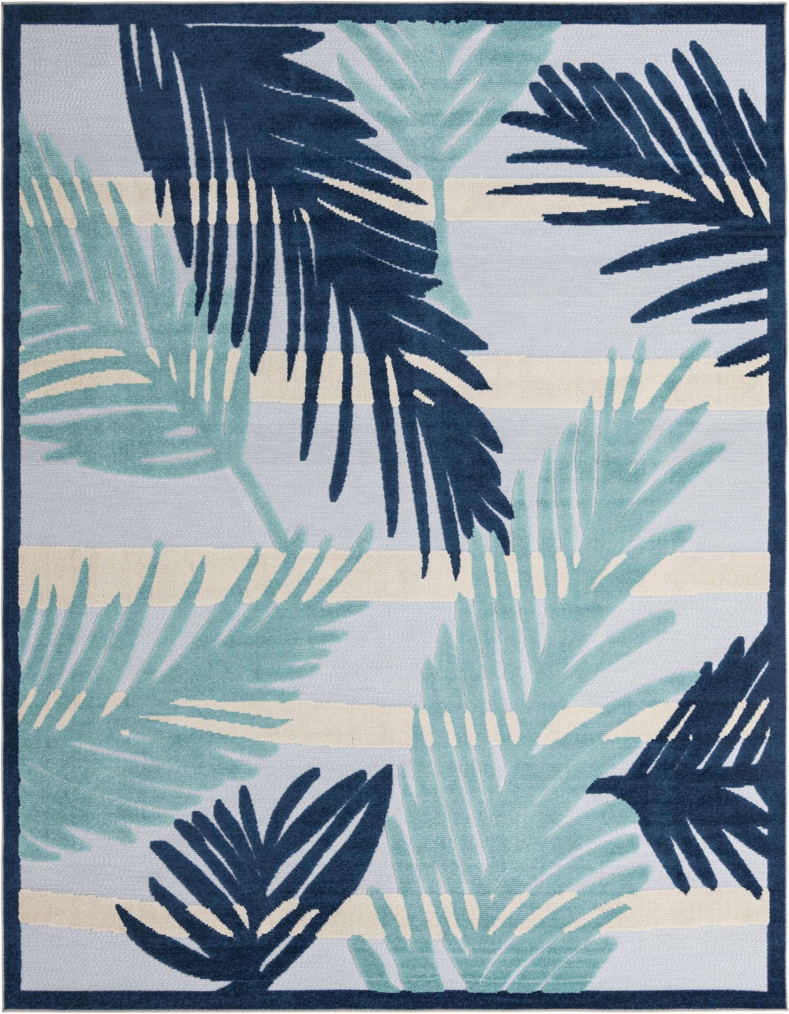 A 9x12 rectangular indoor/outdoor rug featuring large navy and teal palm leaves over a light gray and cream striped background.