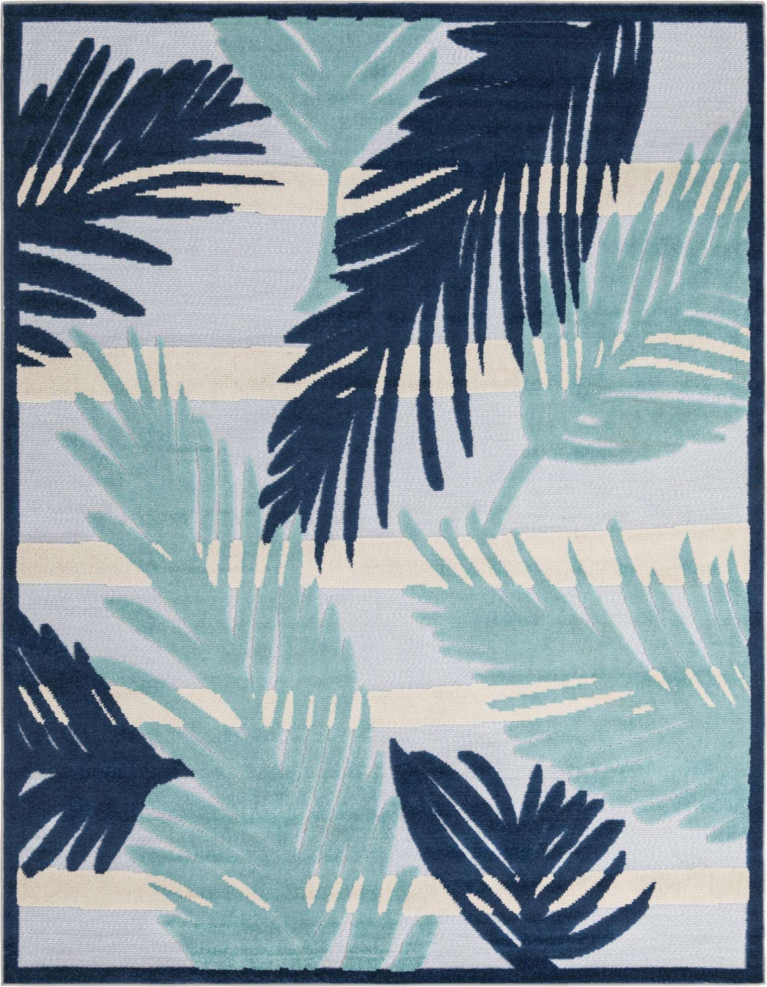 A 7x10 rectangular indoor/outdoor rug featuring large tropical palm leaves in dark blue and light teal over a striped gray and cream background.