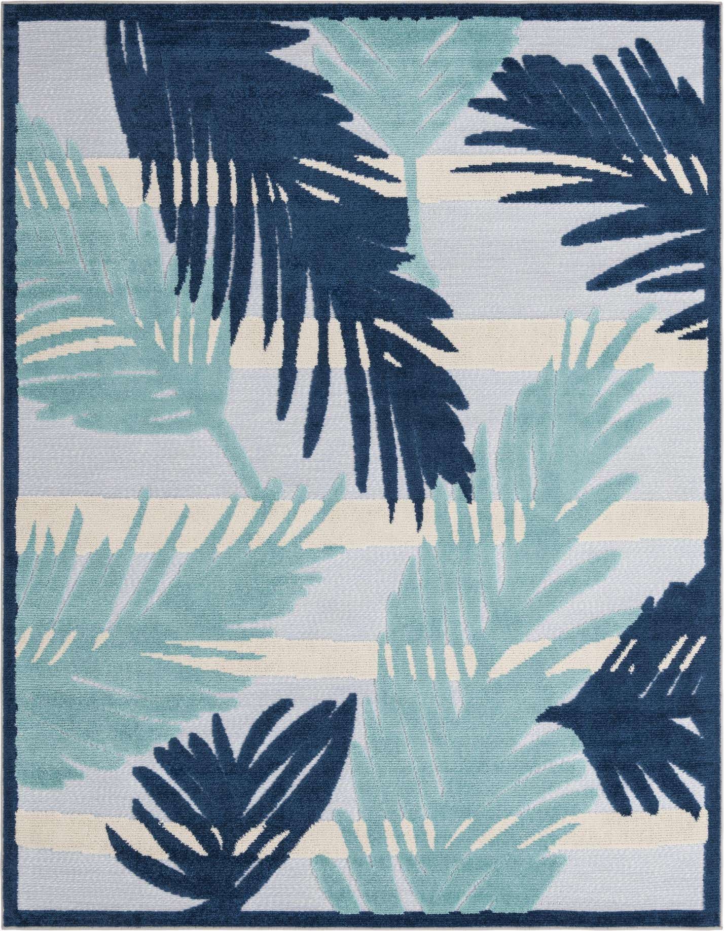 A 6x9 rectangular indoor/outdoor rug featuring a modern tropical pattern with large blue and teal palm leaves over light gray and cream stripes.