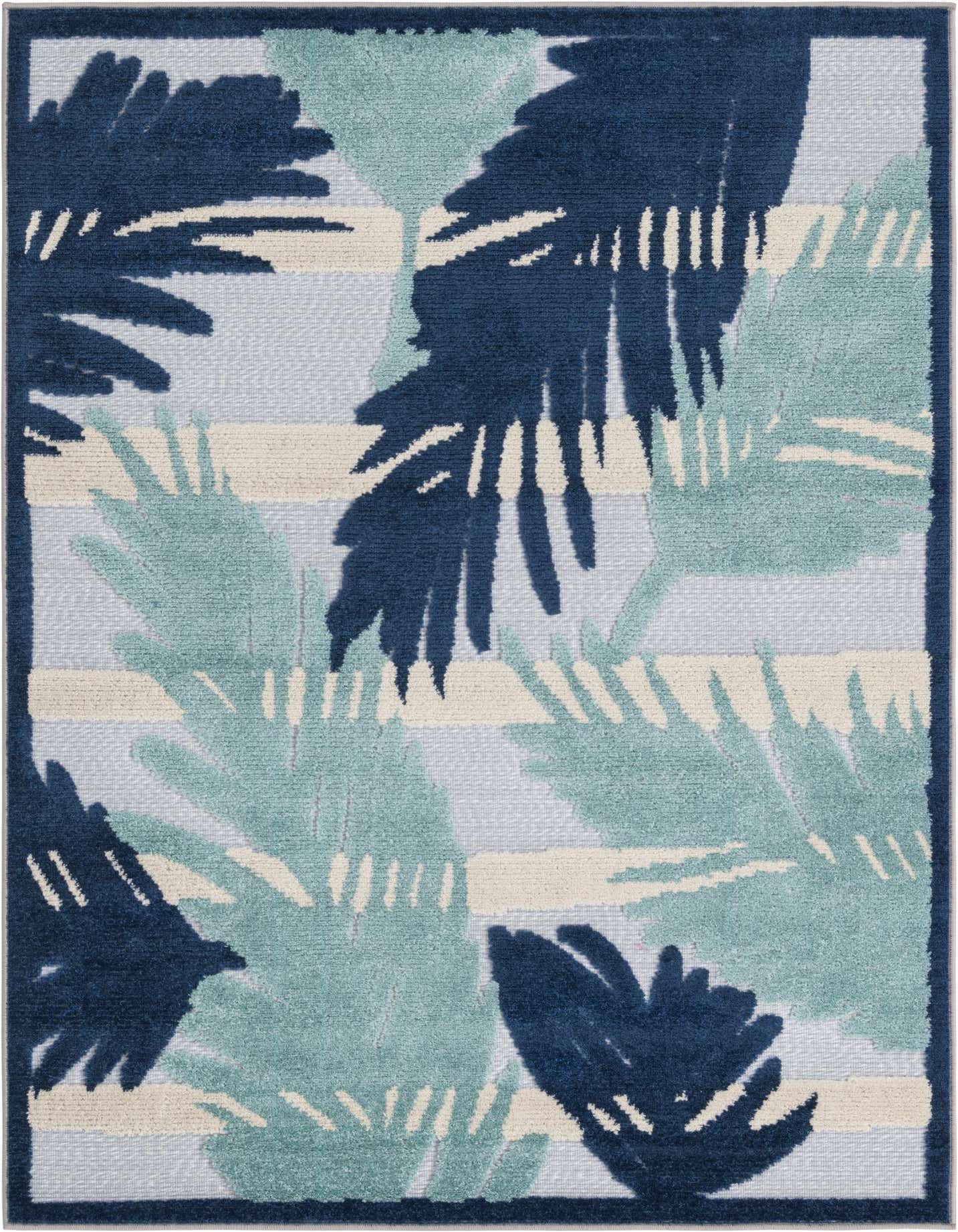 A 4x6 rectangular indoor/outdoor rug featuring a modern tropical pattern with large blue and teal palm leaves over a light blue and cream striped background.