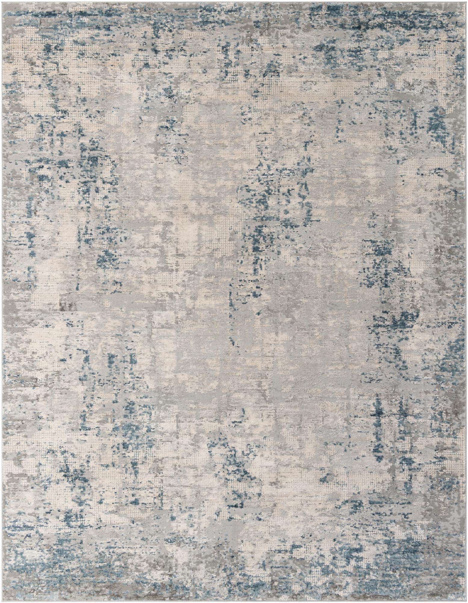 An 8x10 rectangular Caspian rug featuring an abstract urban pattern in varying shades of blue, gray, and silver.