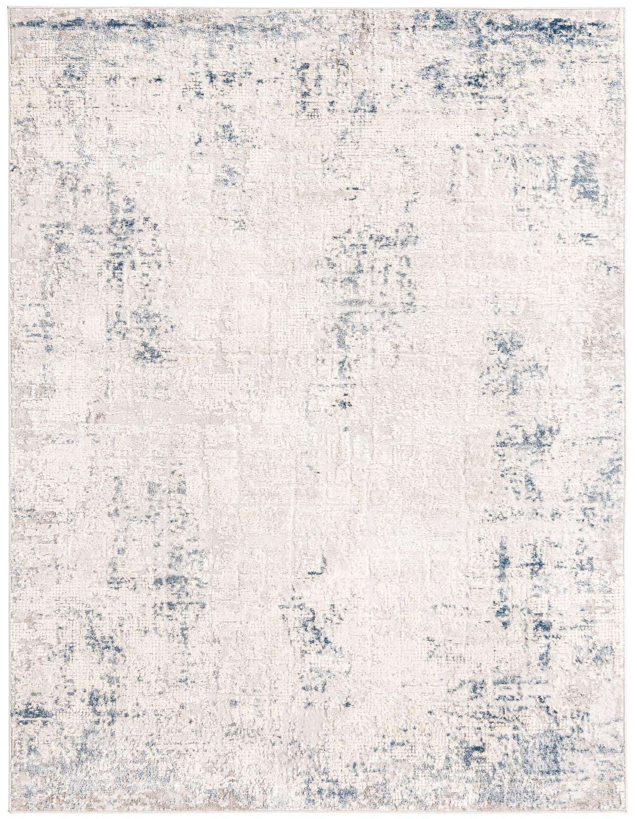 A 5x8 rectangular Rugs.com Caspian area rug featuring an abstract urban pattern in blues and grays on a light background.