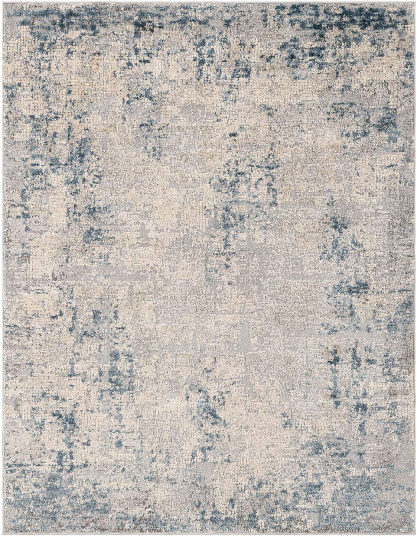 A 4x6 rectangular indoor rug with an abstract urban pattern in shades of blue, gray, and silver.