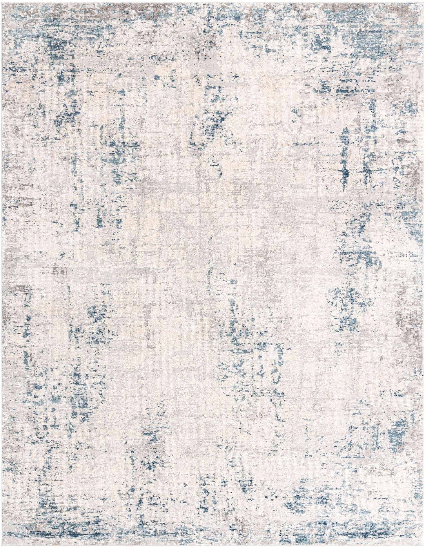 A 10x13 rectangular indoor rug with an abstract industrial pattern in shades of blue, gray, and silver on a light background.