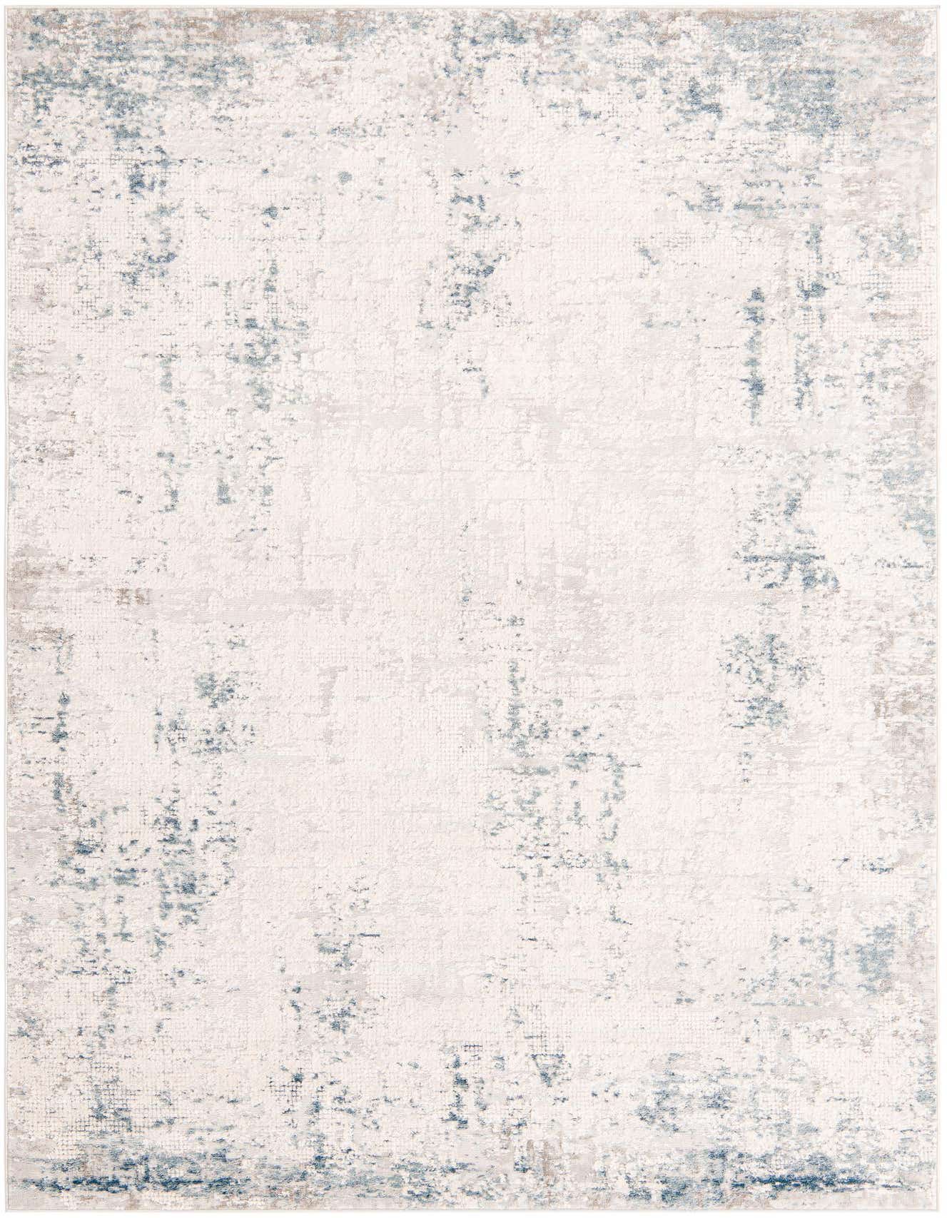 A 6x9 rectangular Rugs.com Caspian rug featuring an abstract modern pattern in blues, grays, and off-white, ideal for a living room or office.