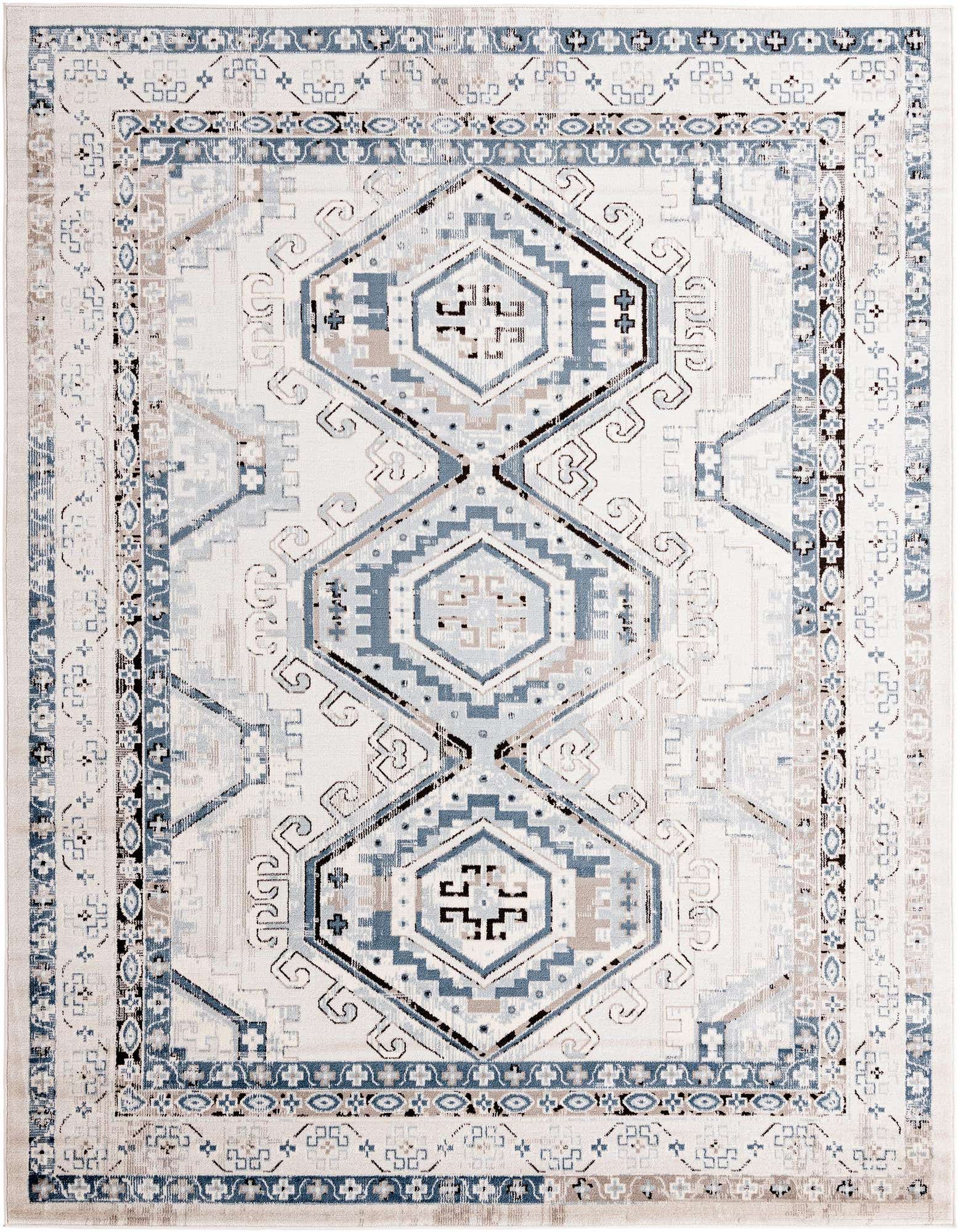 An 8x10 rectangular rug with a traditional tribal pattern in shades of blue, gray, and cream.