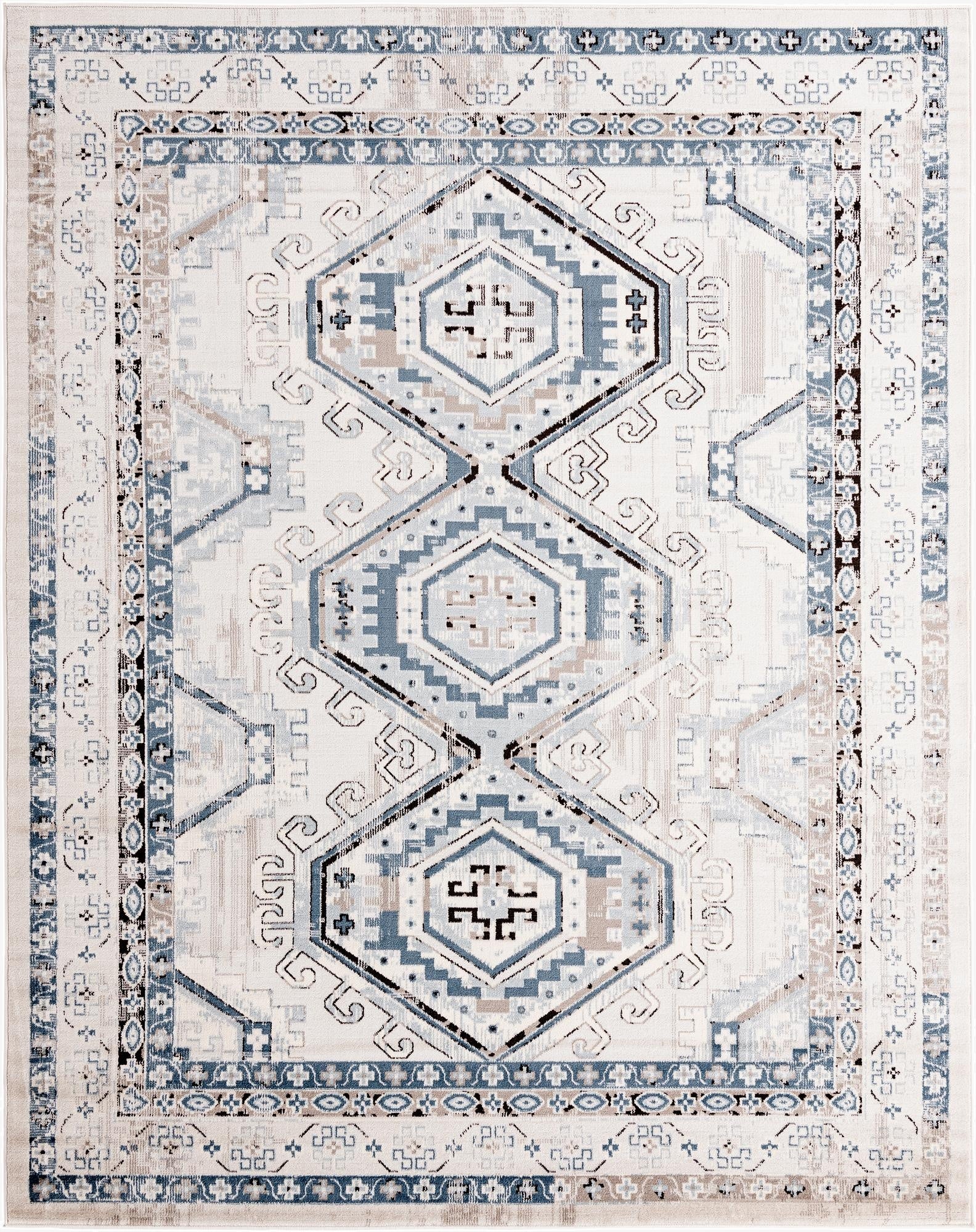 An 8x10 rectangular rug with a traditional tribal pattern in shades of blue, gray, and cream.