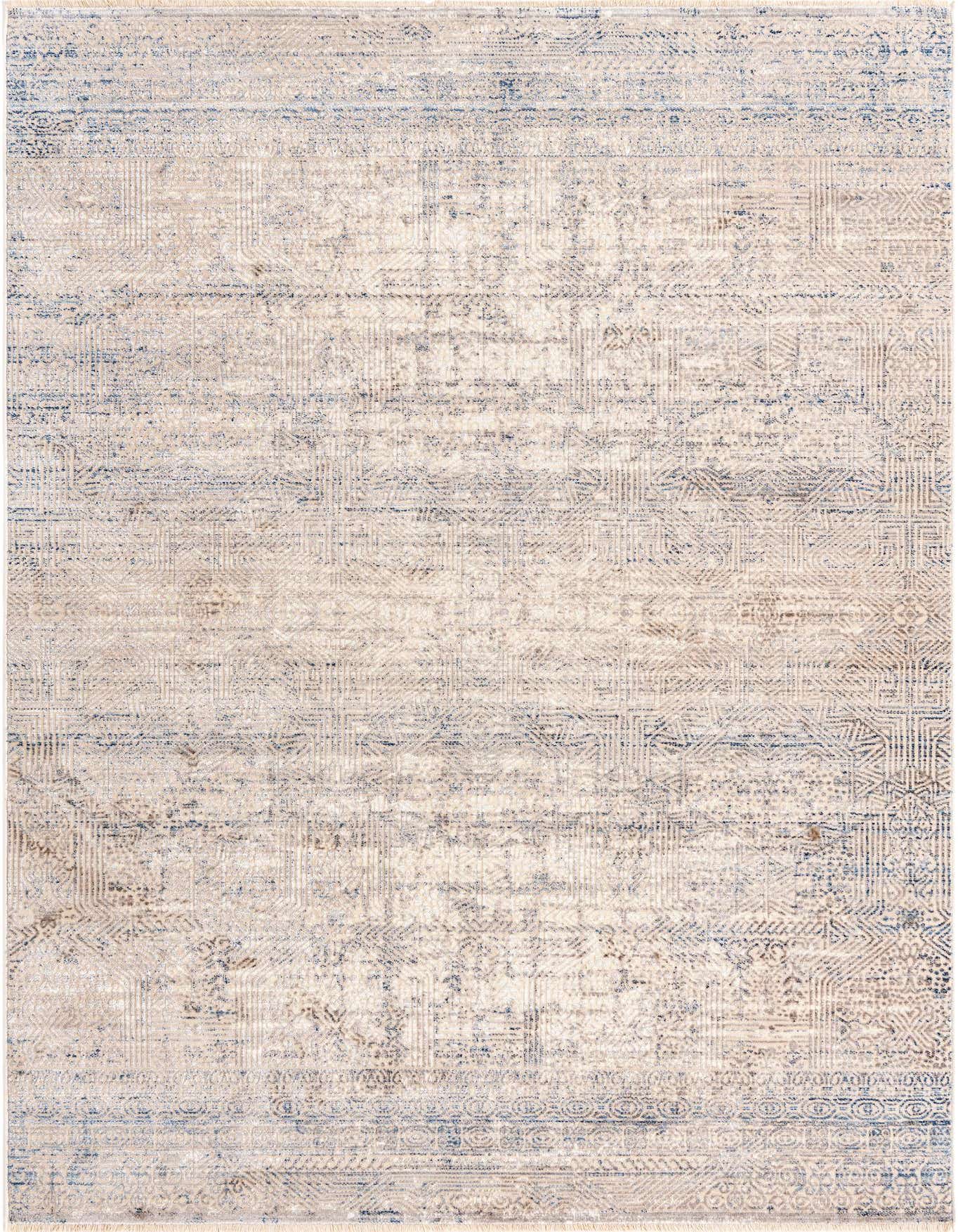 A 5x8 rectangular Deepa rug featuring an abstract industrial and tribal pattern in muted blues, grays, and silvers, with a flat, textured pile.