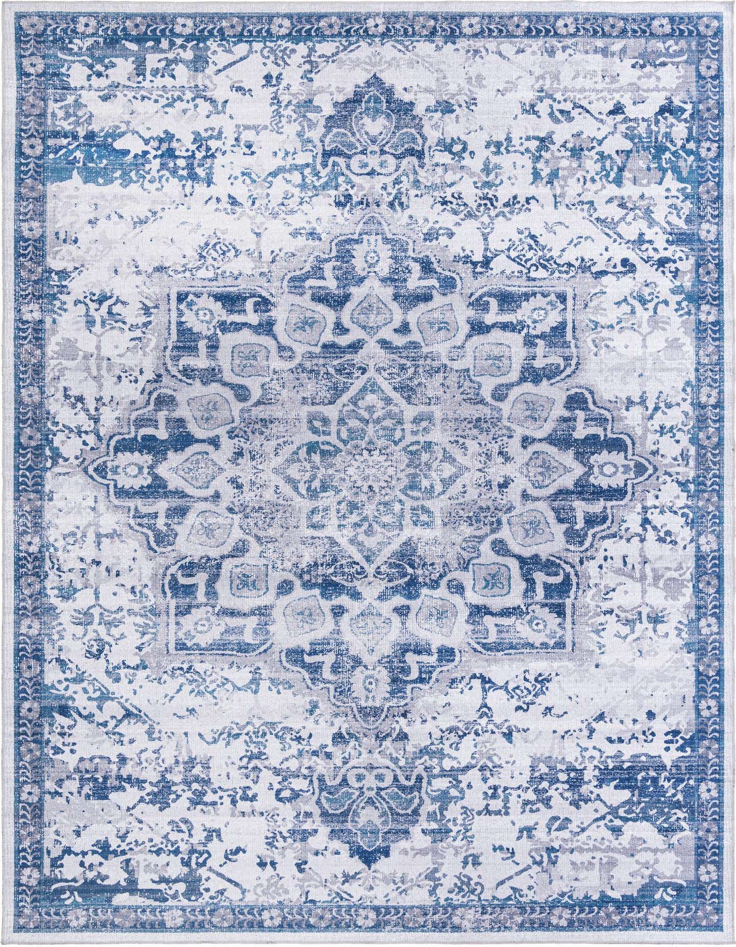 A 10x14 rectangular Francesca collection rug featuring a distressed blue and gray traditional medallion pattern on a white background.