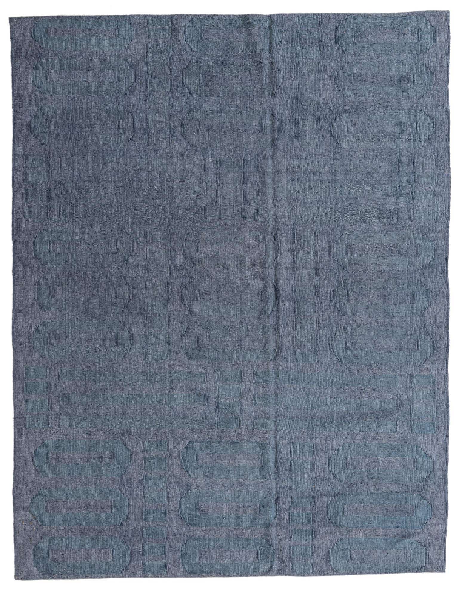 A 6x9 rectangular Kilim Modern wool rug in shades of blue and gray, featuring a subtle abstract tribal pattern.