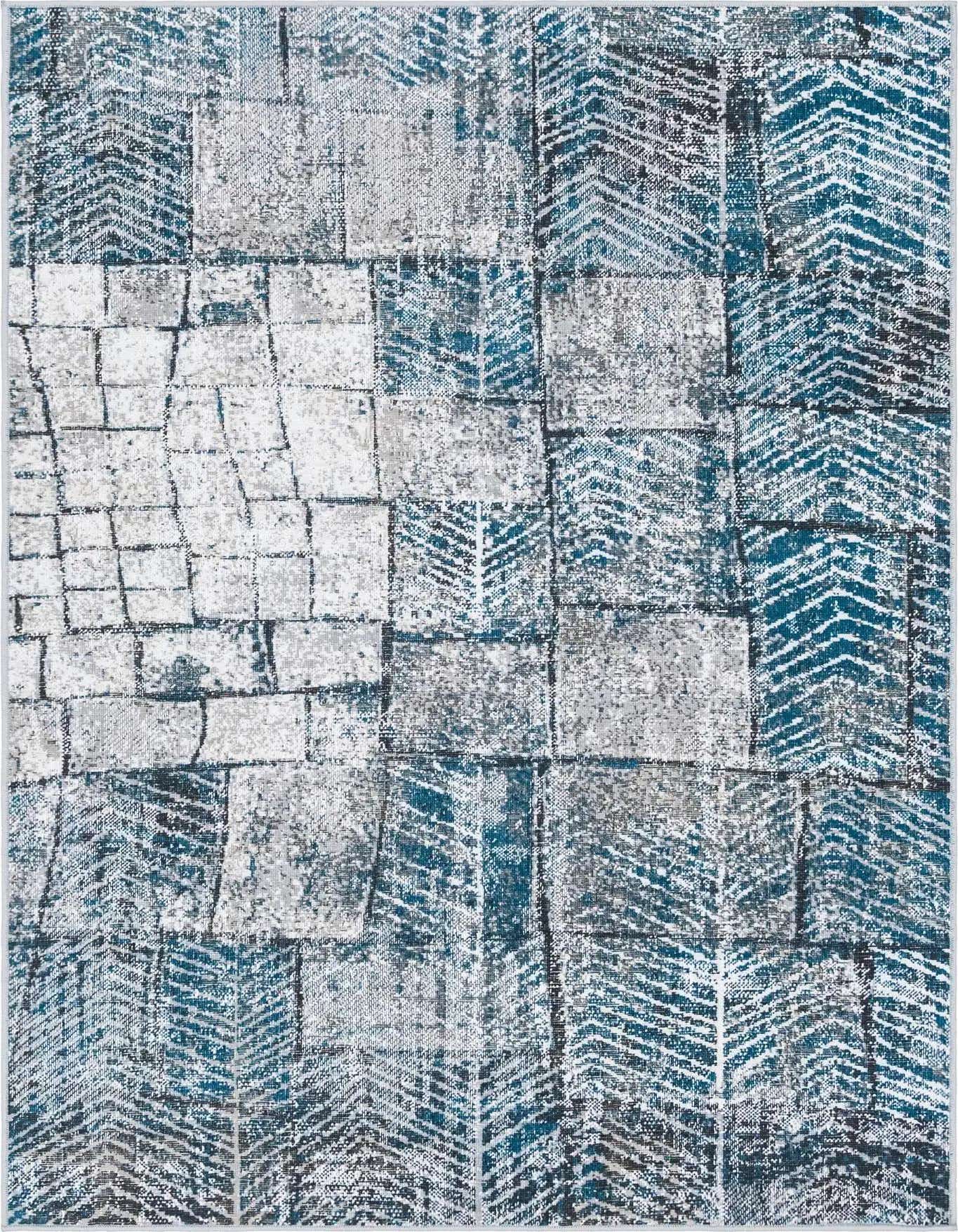 A 4x6 rectangular blue and gray abstract rug featuring a distressed patchwork design with herringbone and tile-like patterns.