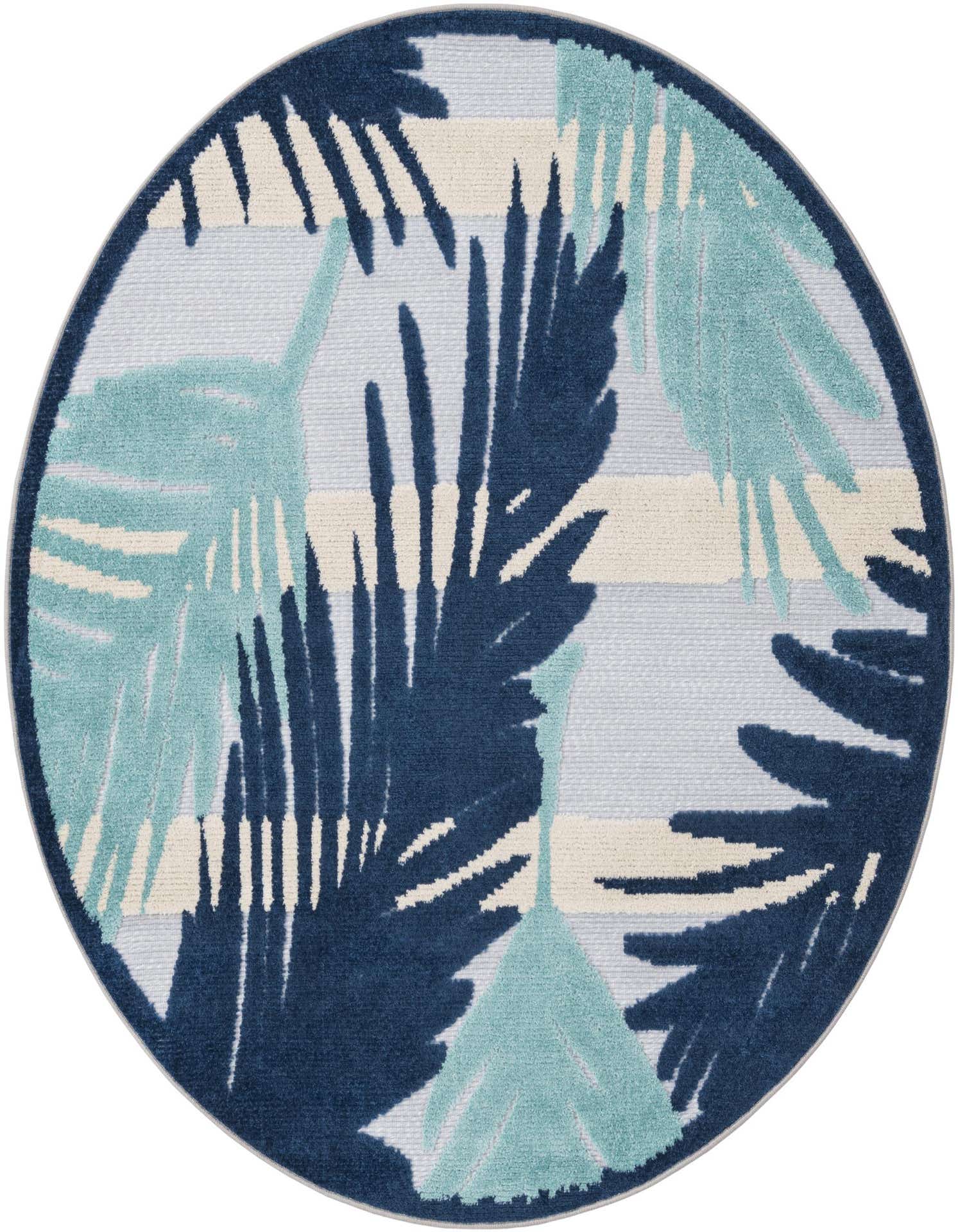 A round 5' 3" blue and gray rug with a modern tropical palm leaf and stripe pattern, suitable for indoor/outdoor use.