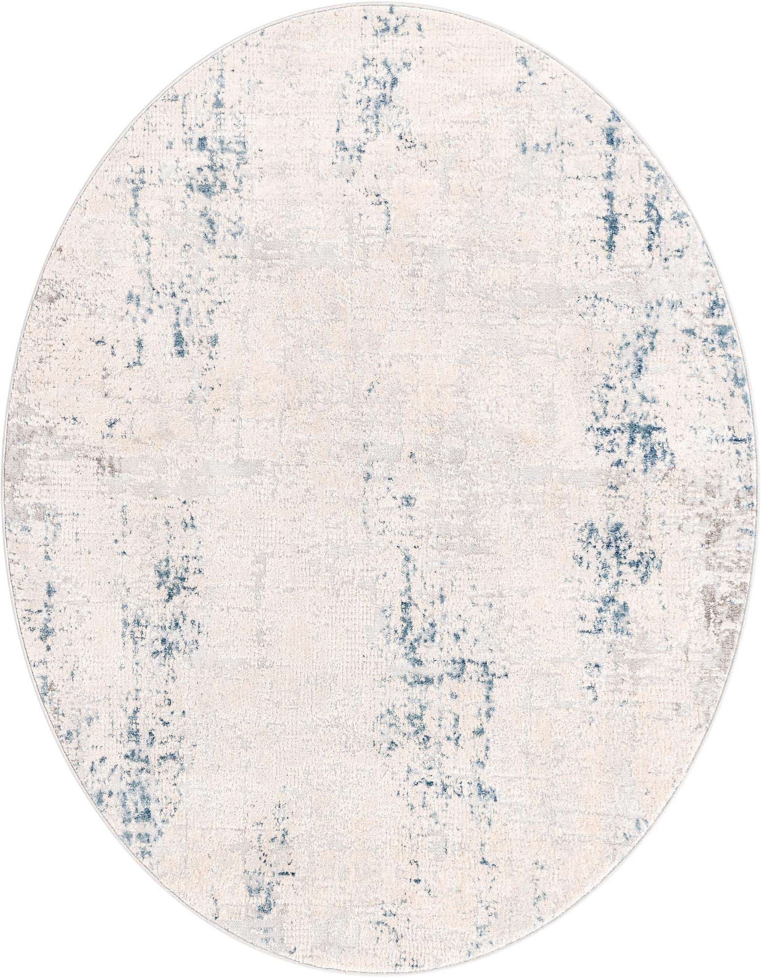 A 5' 3 round modern abstract rug with a textured pile, featuring a distressed pattern in blues, grays, and silvers on a cream background.