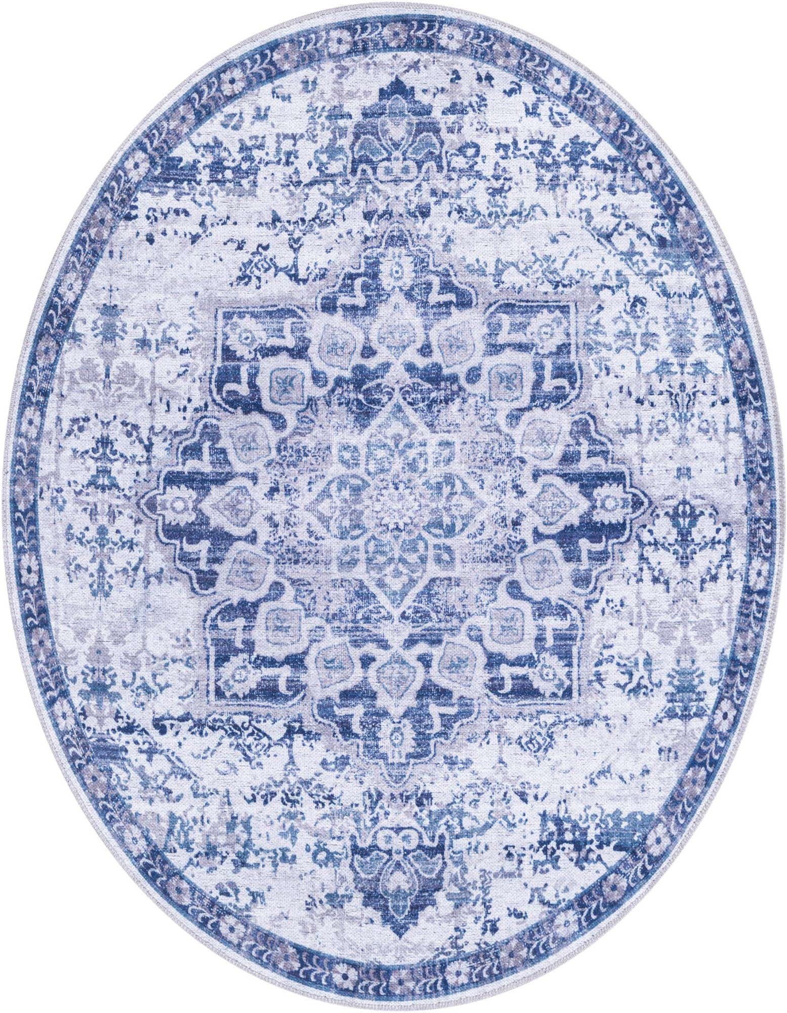A 4' 0 x 4' 0 round Francesca rug featuring a distressed blue and gray traditional medallion pattern.