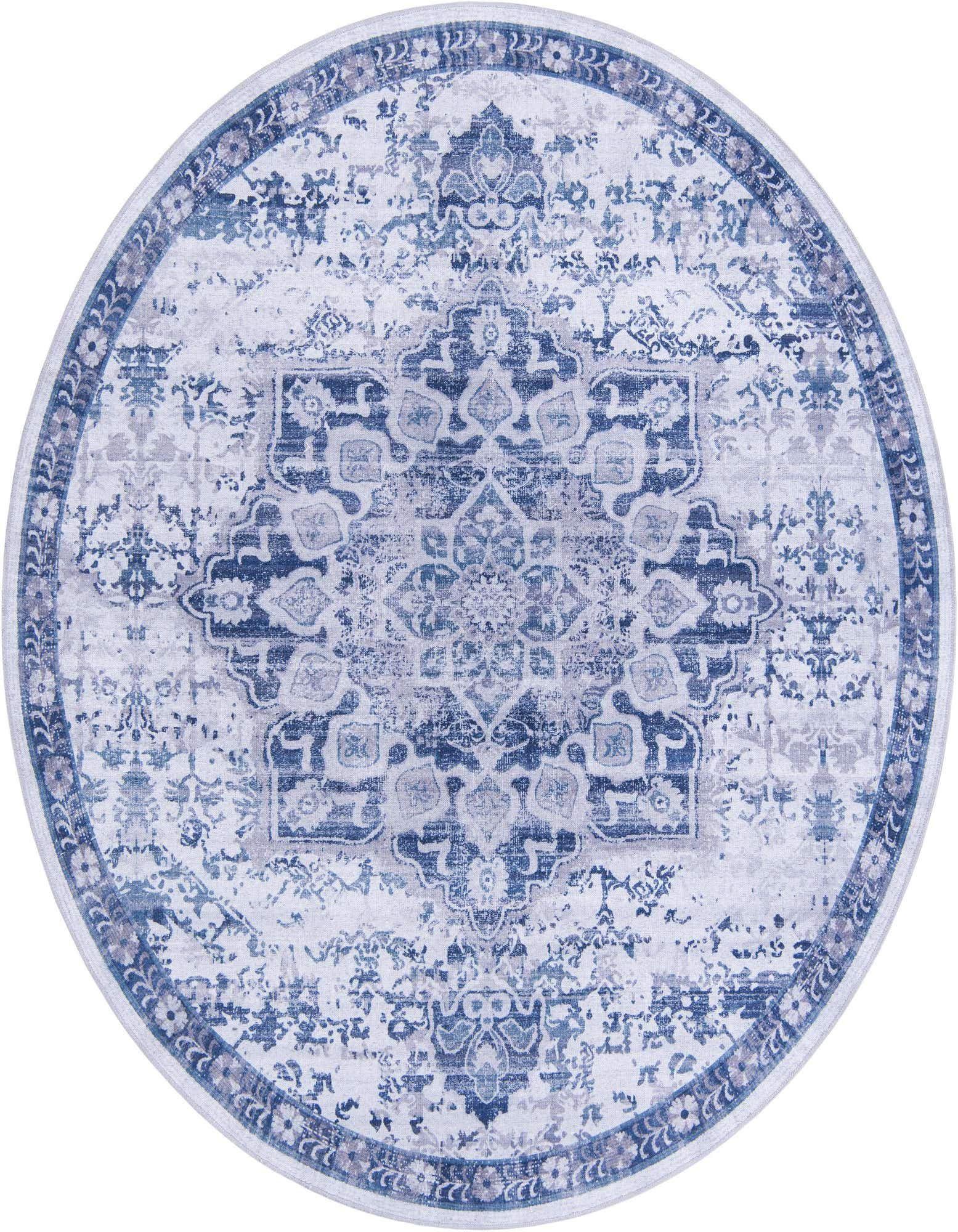A round 7' 10" blue and gray traditional medallion rug with a vintage, distressed look and ornate border.