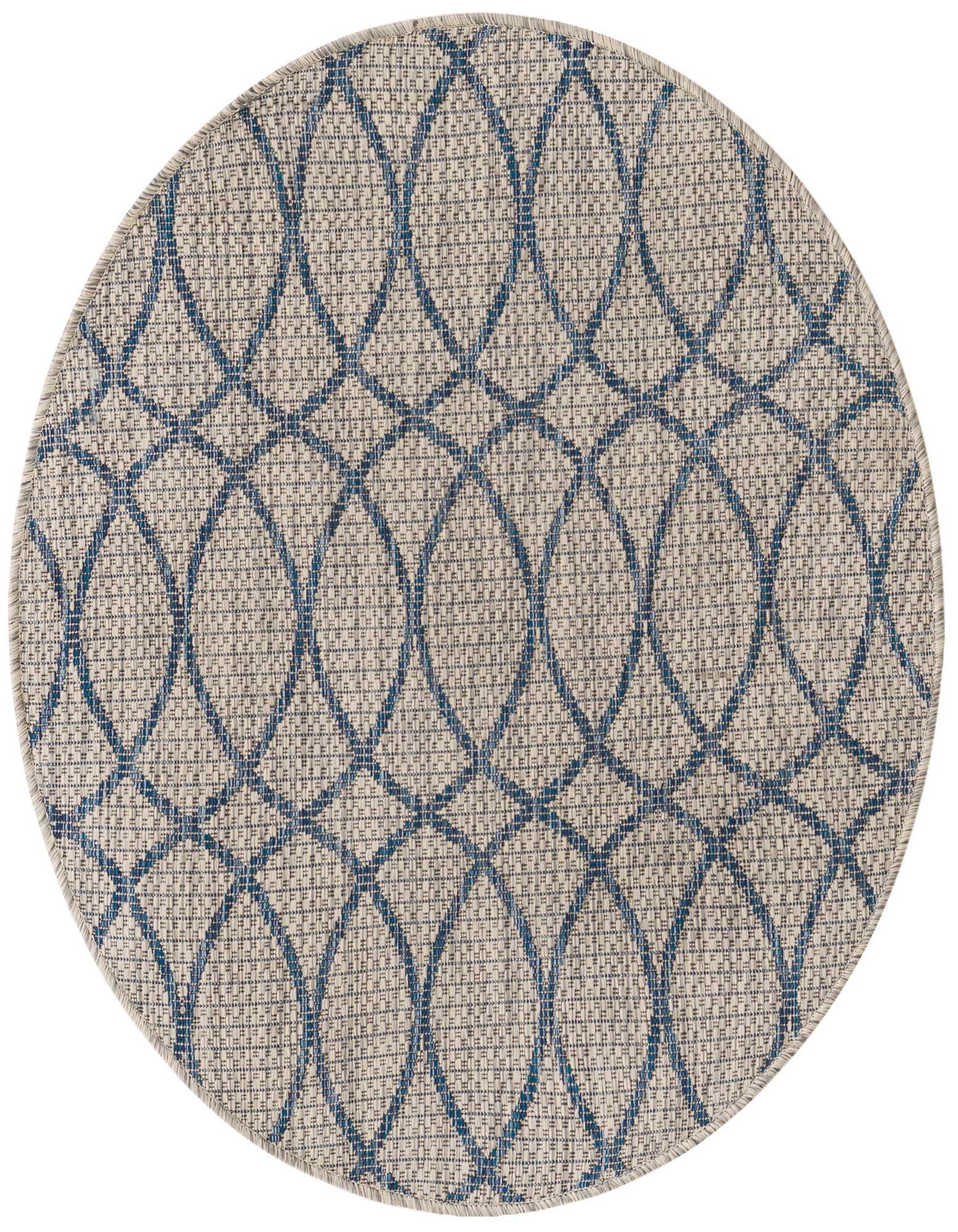 A 3' round blue and gray flatweave rug with a modern trellis pattern, suitable for indoor or outdoor use.