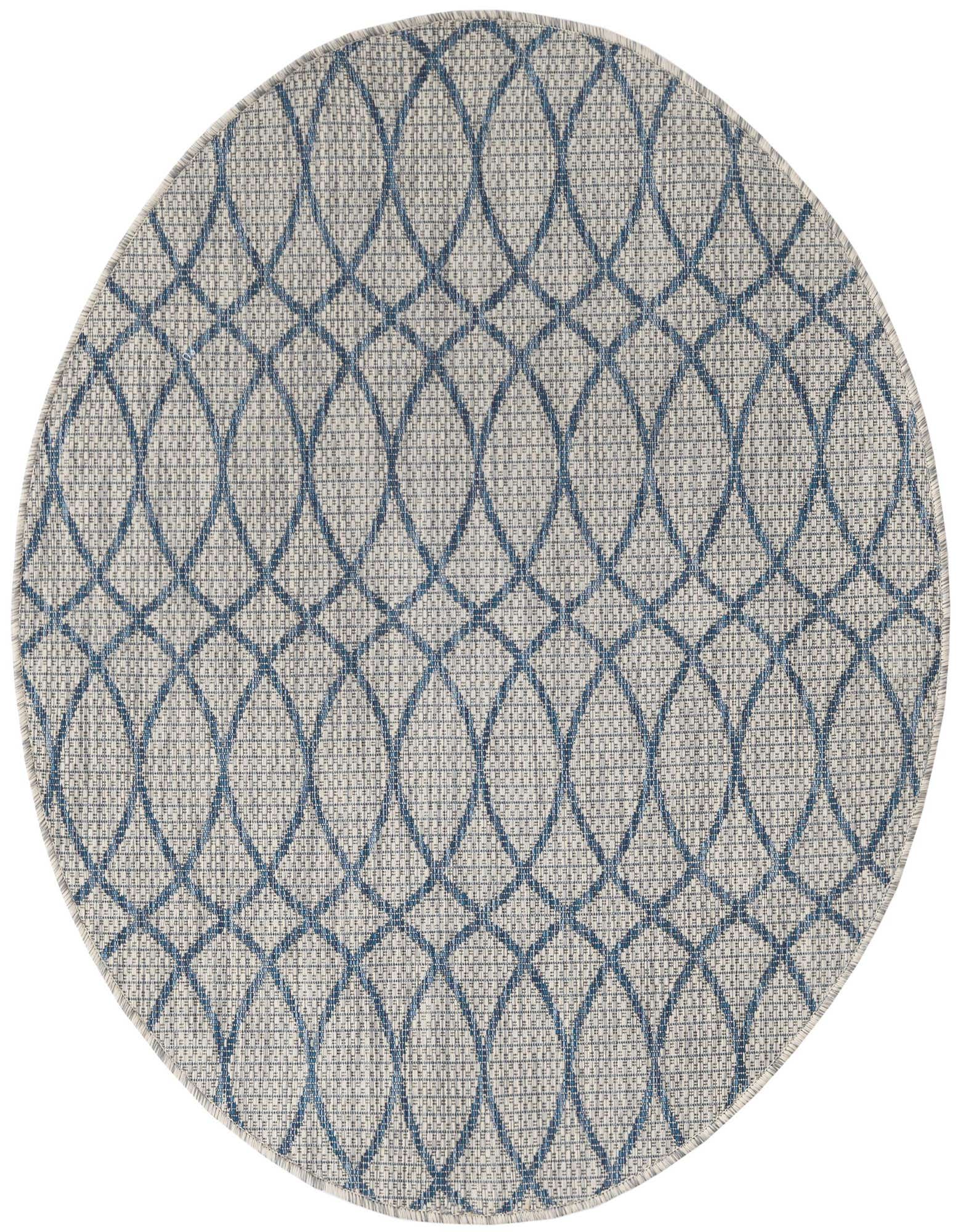 A 4' round blue and gray modern trellis indoor/outdoor rug with a flatweave texture, suitable for a patio.
