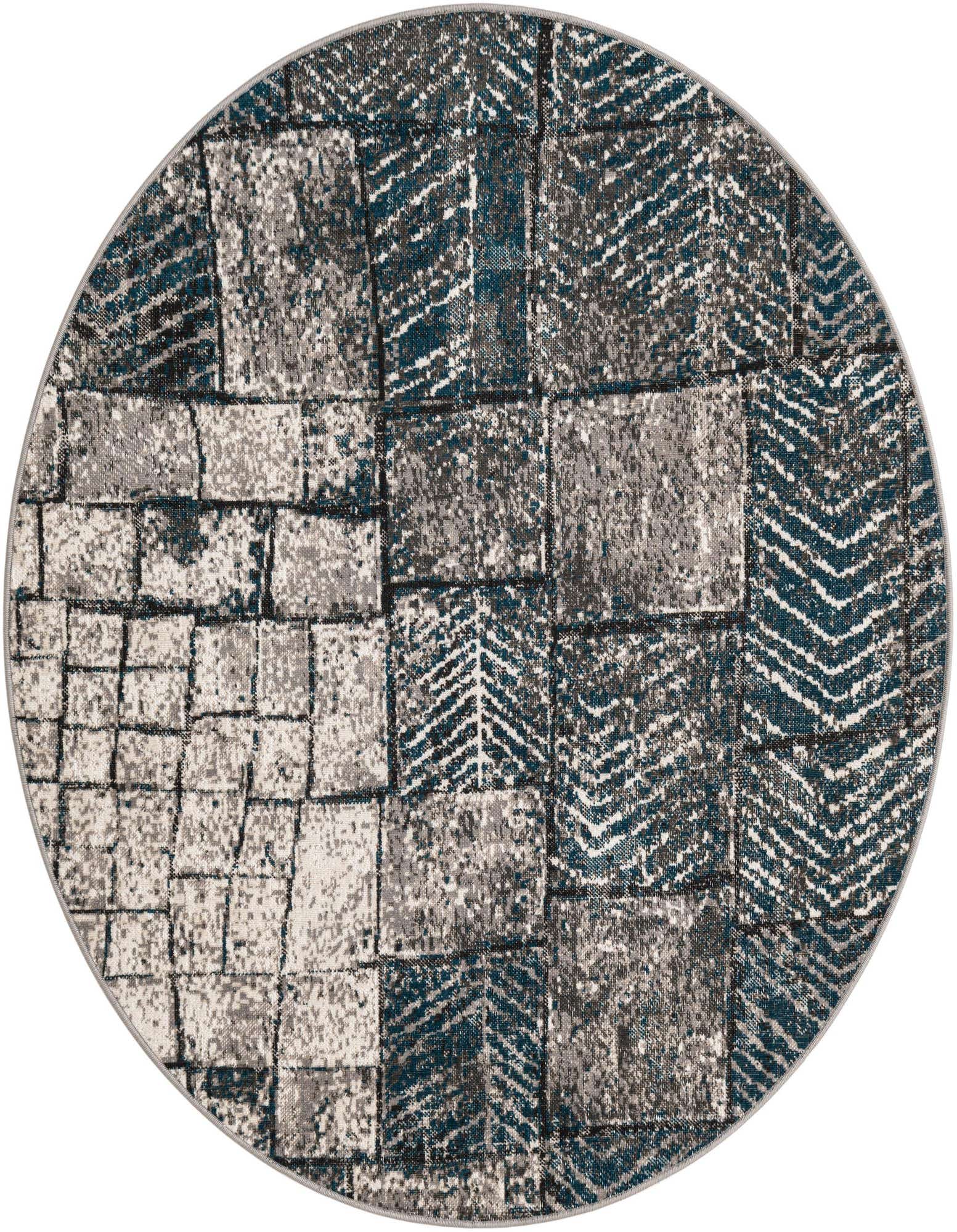 A round 5' 3 x 5' 3 blue, gray, and silver abstract rug with a modern eclectic pattern.