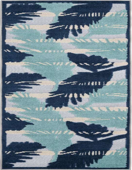 A long runner rug featuring a modern tropical pattern with dark blue, light blue, and cream shapes on a gray background, suitable for a hallway or patio.