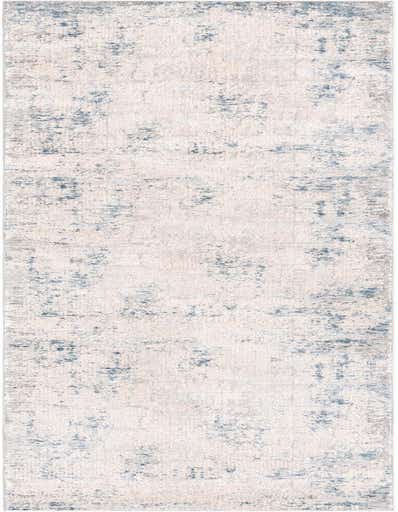 A 13 ft runner rug with an abstract modern pattern in shades of blue, gray, and off-white, ideal for a hallway.