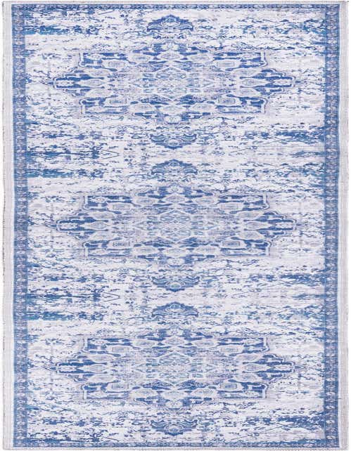 A long 8 ft runner rug with a distressed traditional medallion pattern in shades of blue and gray on a white background, ideal for a hallway.