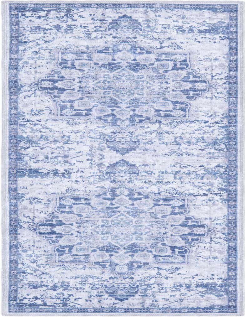 A 5 ft runner rug in shades of blue and gray, featuring a distressed traditional medallion pattern, ideal for a hallway.