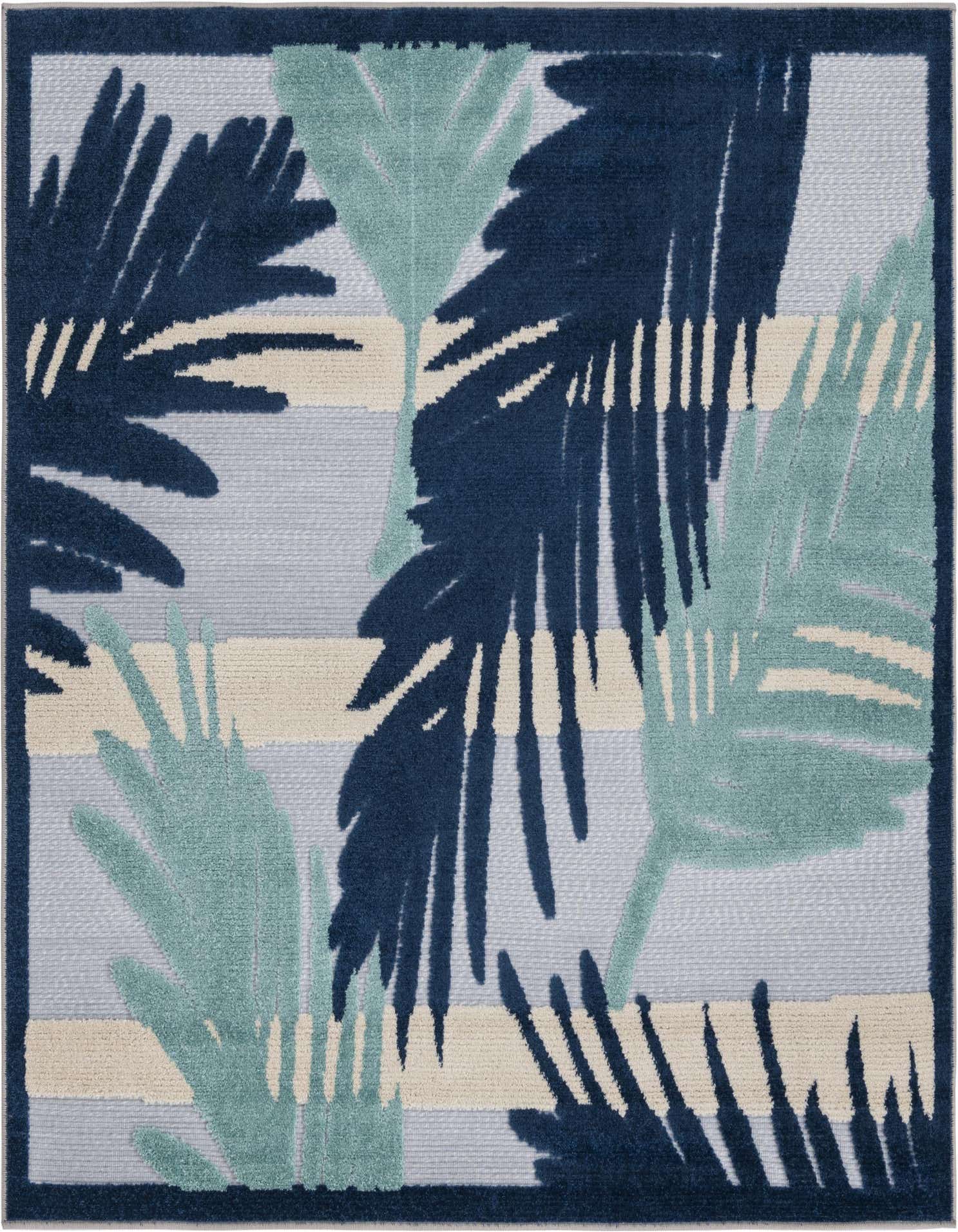 A square 5'3" x 5'3" Aruba Outdoor rug featuring a modern tropical pattern with navy and light blue palm fronds over a striped gray and cream background.