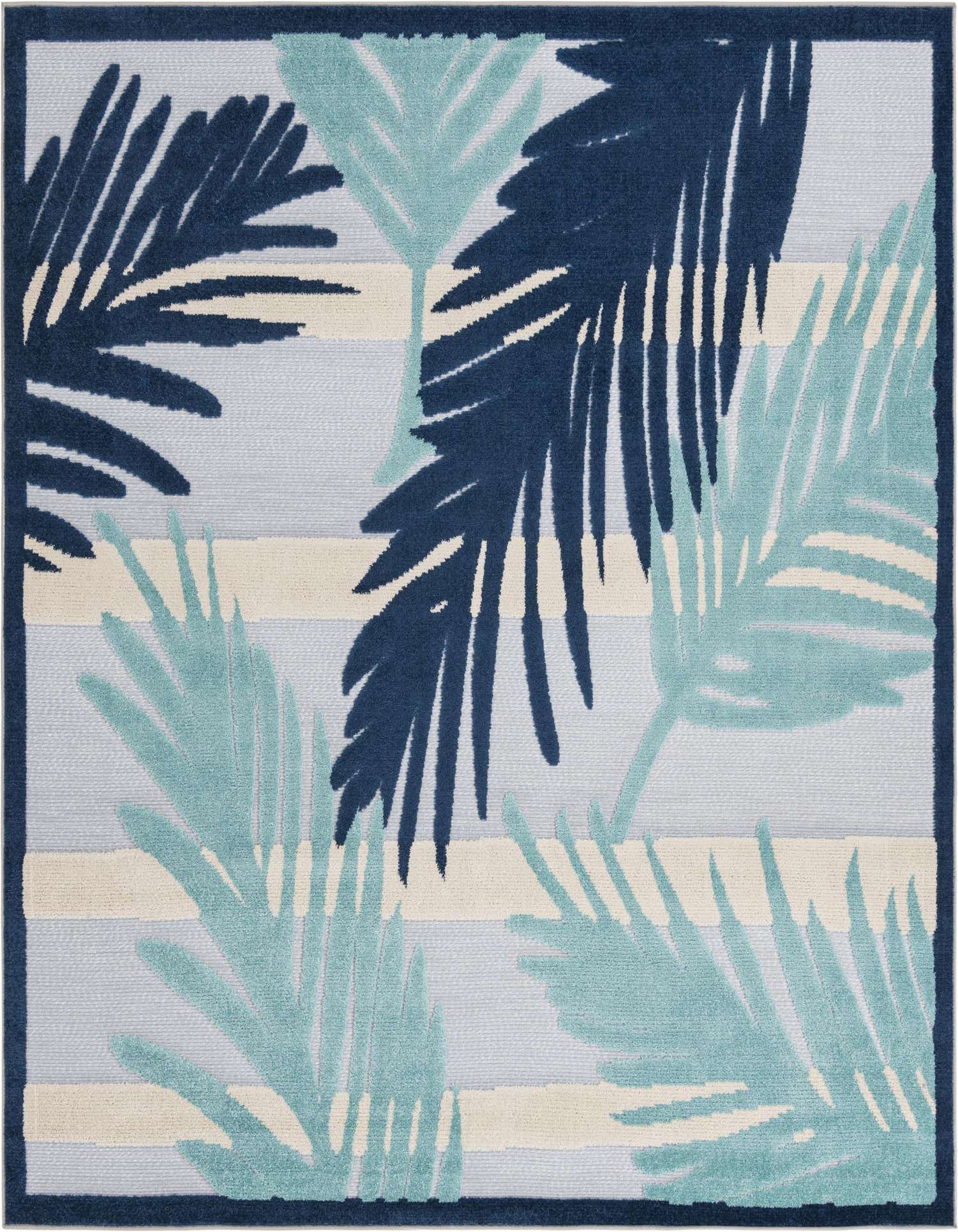 A square 7'10" x 7'10" Aruba Outdoor rug featuring a modern tropical palm leaf pattern in varying shades of blue, teal, and beige on a light gray striped background, with a dark blue border.