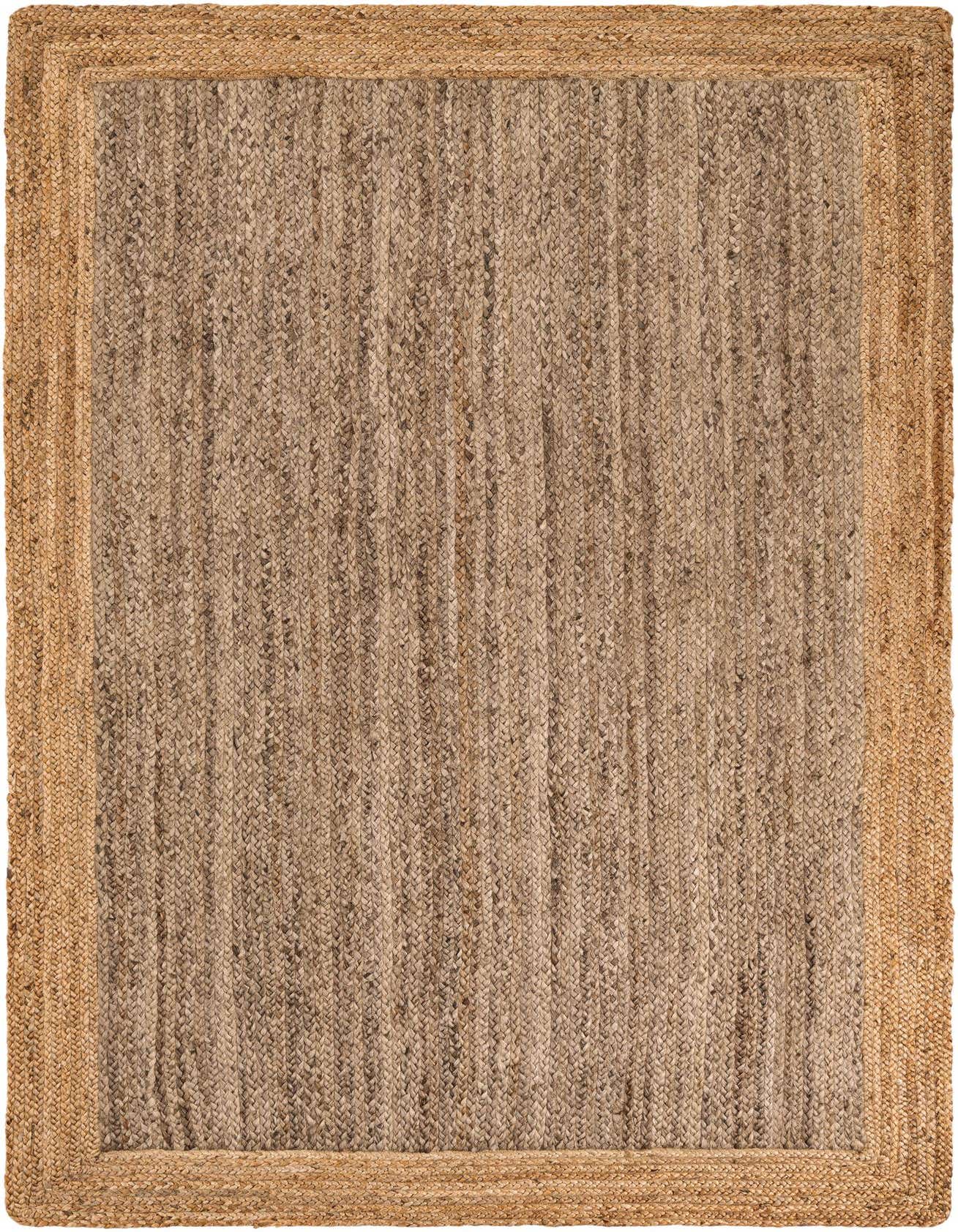 A 5x8 rectangular Braided Jute rug with a natural brown and tan border and a textured gray and brown center.