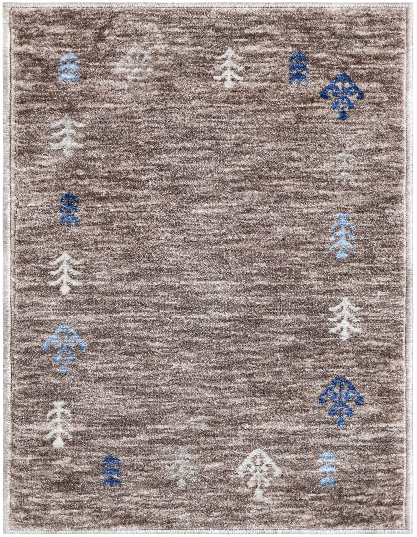 A 2x3 rectangular brown and gray Gabbeh rug featuring scattered tribal tree-like motifs in light blue, dark blue, and off-white.