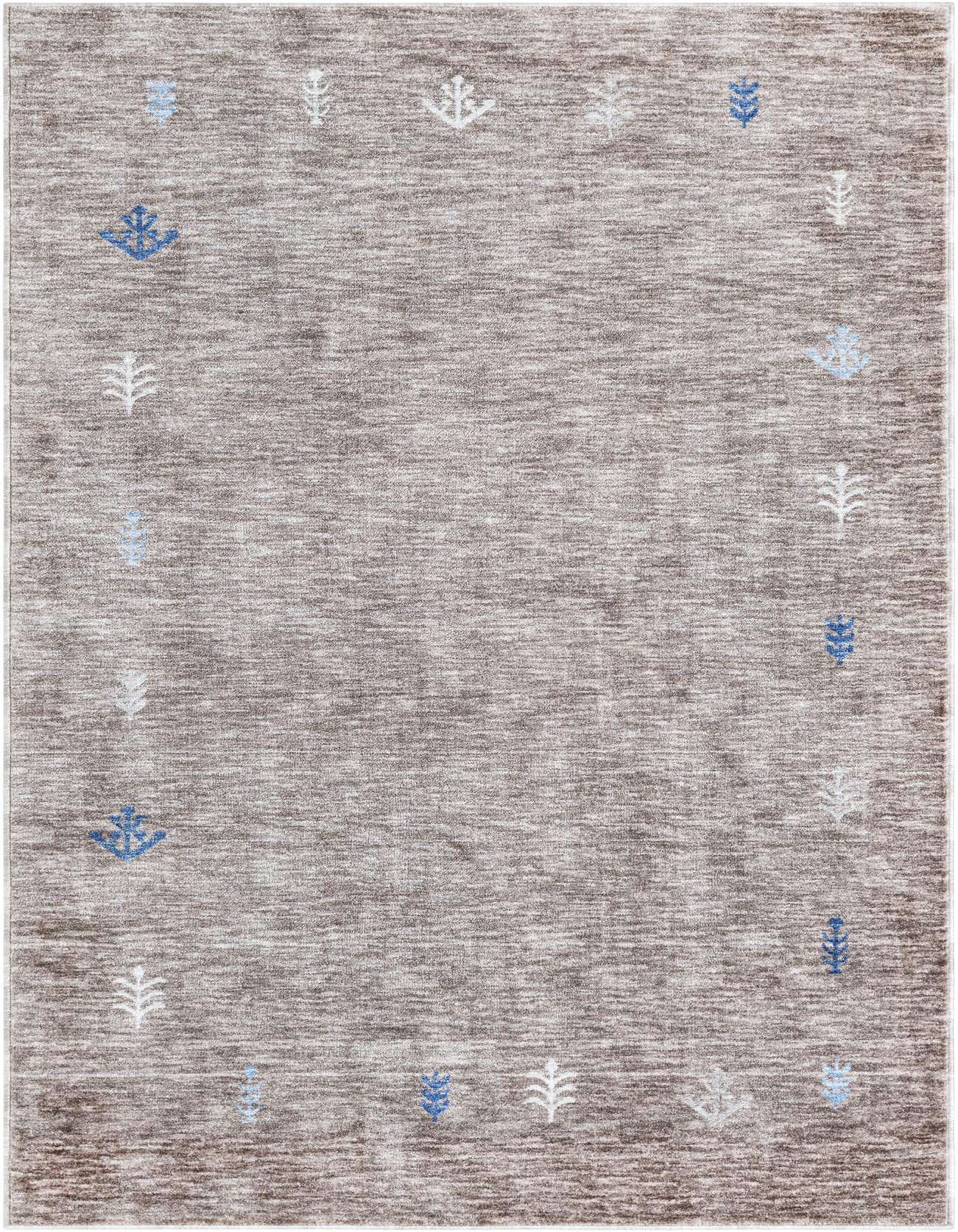 A rectangular 5x8 brown and gray Gabbeh rug with a subtle tribal pattern of small white and blue leaf-like motifs.