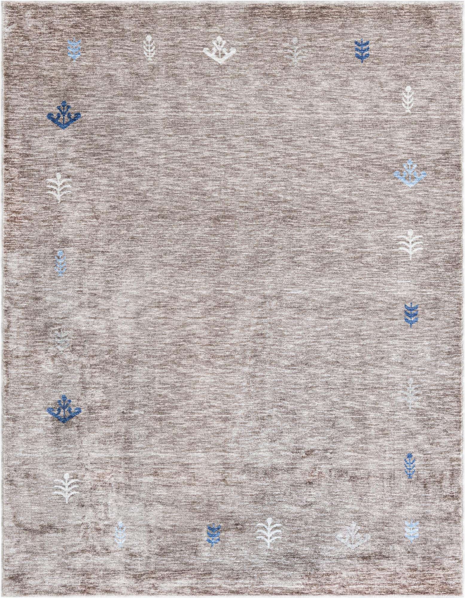 A rectangular 8x10 Gabbeh rug with a mottled brown and tan background, featuring scattered tribal leaf motifs in white, light blue, and dark blue.