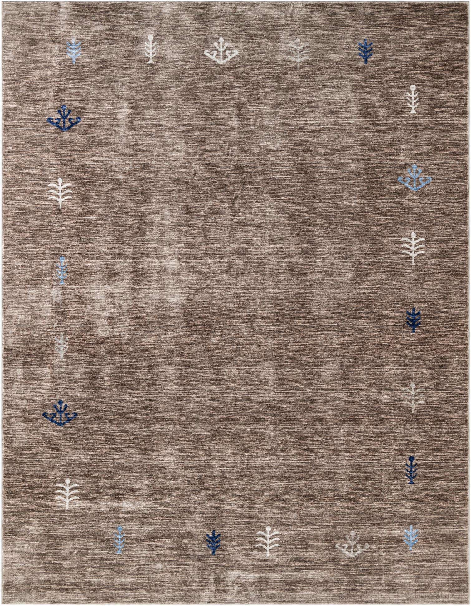 A 9x12 rectangular brown Gabbeh rug with a subtle tribal pattern of small blue, white, and gray leaf-like motifs along the border.