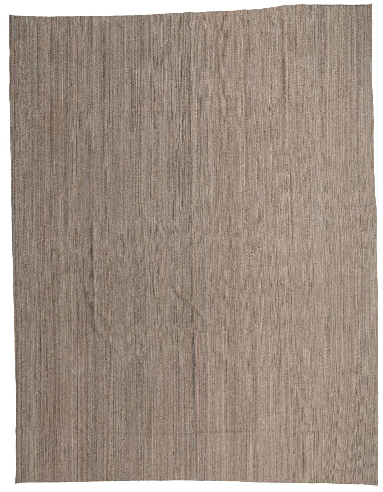 A large 13x18 rectangular Kilim Modern flatweave rug featuring subtle brown and gray stripes, ideal for a living room.