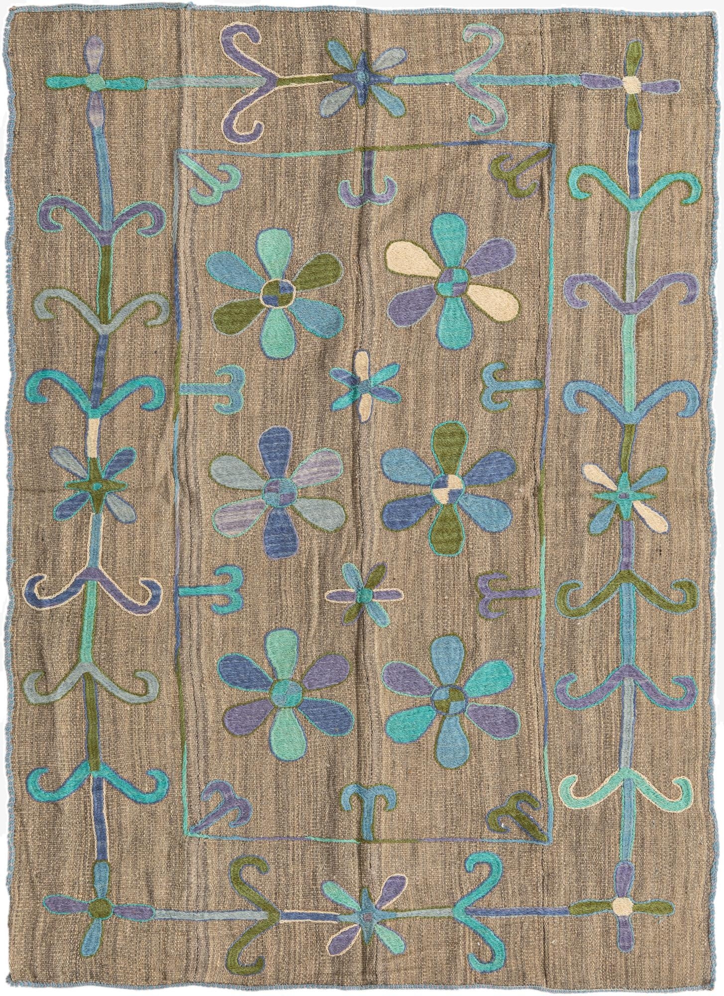  3' 9 x 5' 2  Hand Woven Kilim Suzani Wool Rug