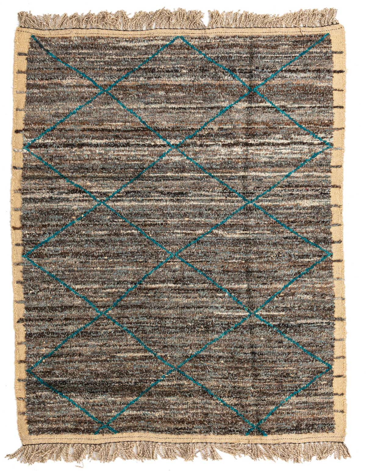A 5x8 rectangular brown and gray shag rug with a modern tribal diamond pattern in teal, featuring natural fringe.